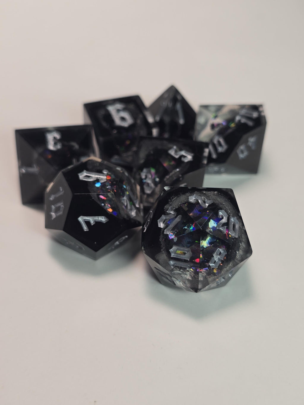 Handmade Ebonheart Geode Dice Set – Black Onyx Shimmering RPG Dice