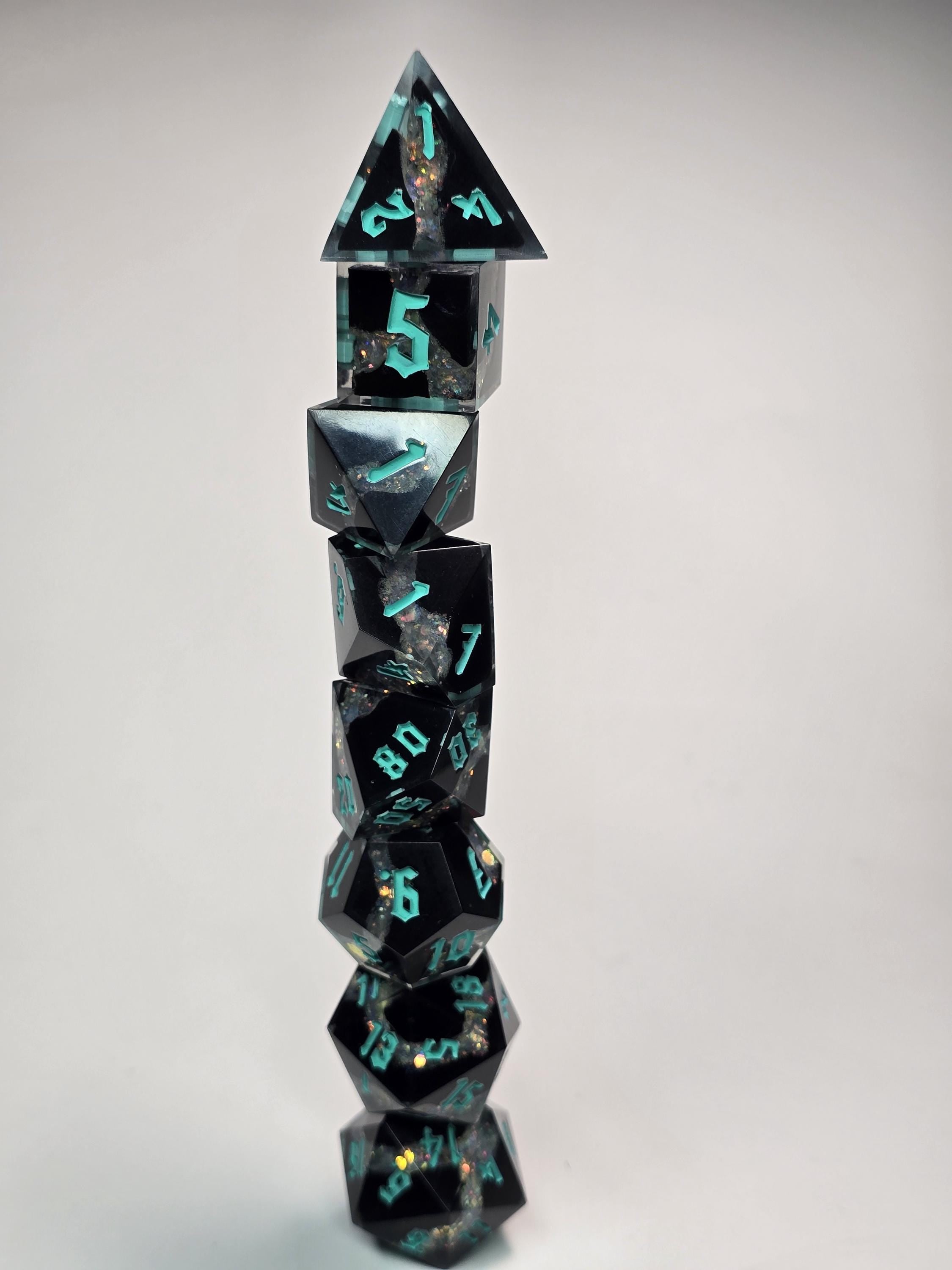 Handmade Black Resin Dice Set – Opal Glitter, Blue Glow Effect (8pc)
