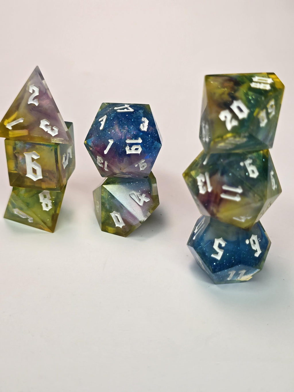 Handmade Polyhedral DnD, TTRPG, Dice Set with Advantage (8 Dice, 2 D20s) - Dreamweaver