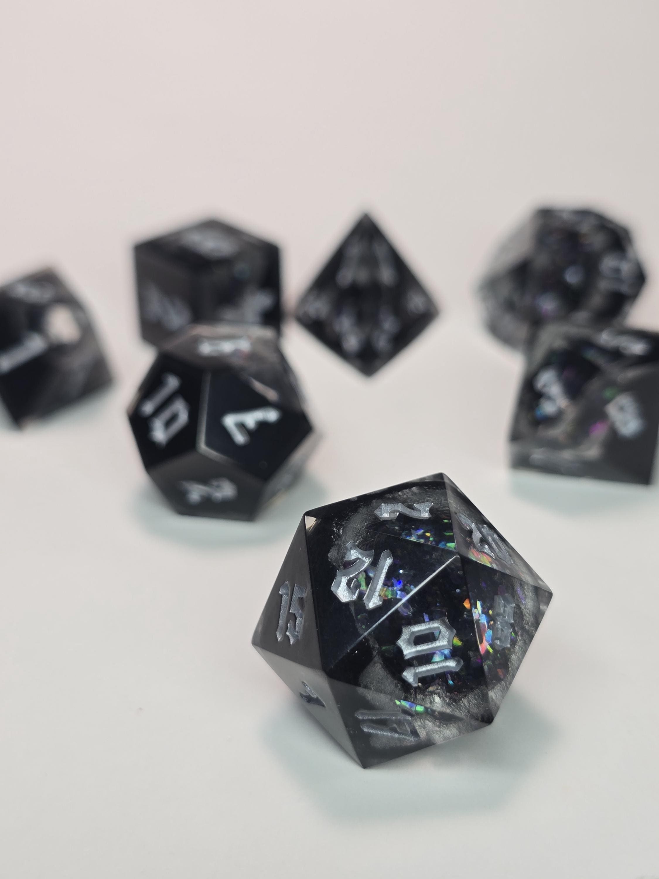 Handmade Ebonheart Geode Dice Set – Black Onyx Shimmering RPG Dice