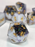 Handmade Witchlight Geode Polyhedral Dice Set – Swirling Violet, Starlight Core (8 Dice)