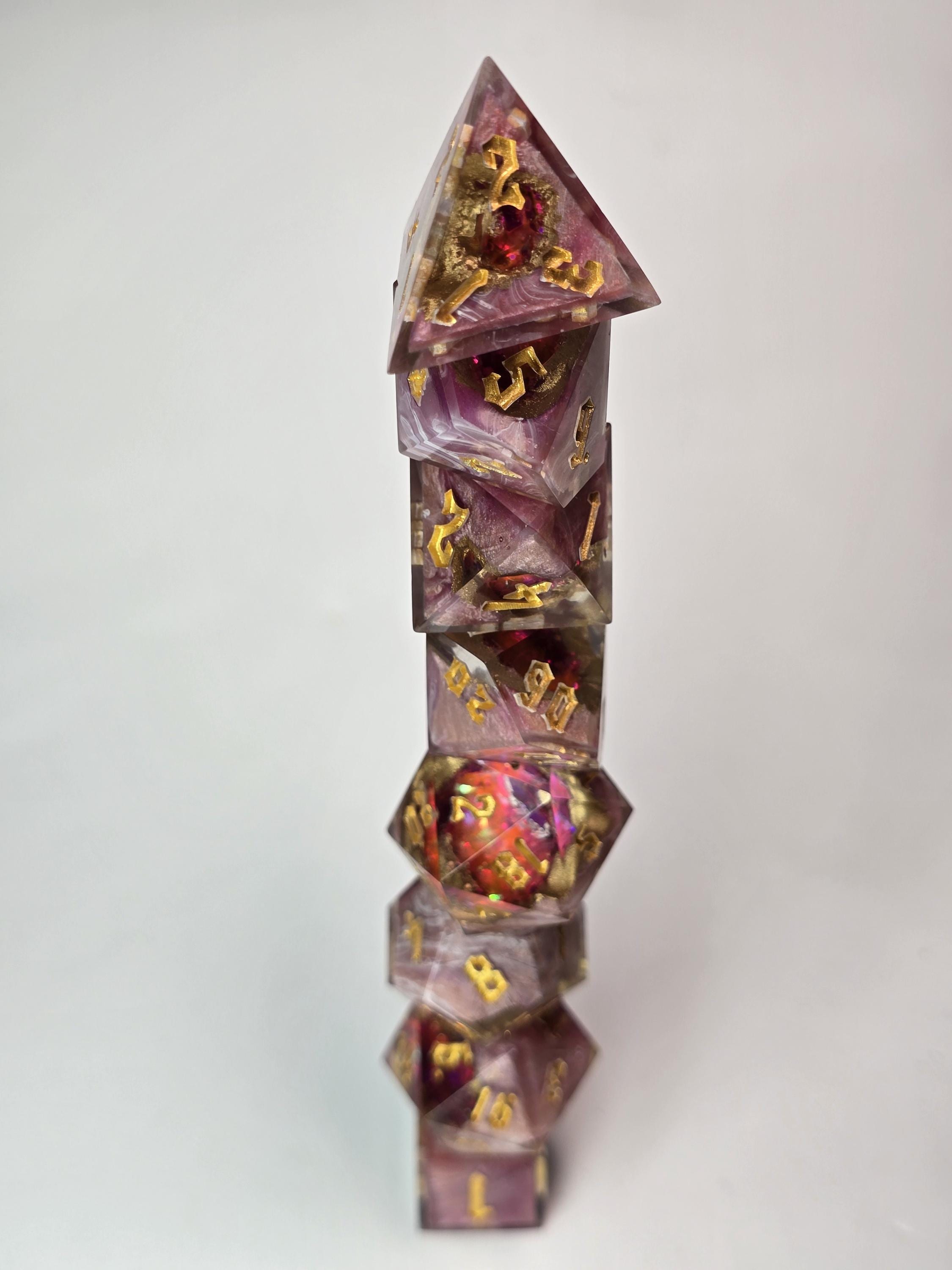 Rose Quartz Geode Dice Set – Handmade Polyhedral RPG Dice with Gold Inking