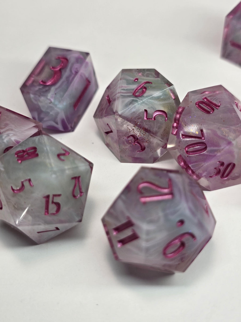 Cotton Candy Bliss – Handmade Polyhedral Dice Set (8 Dice, 2 D20s for Advantage Rolls)