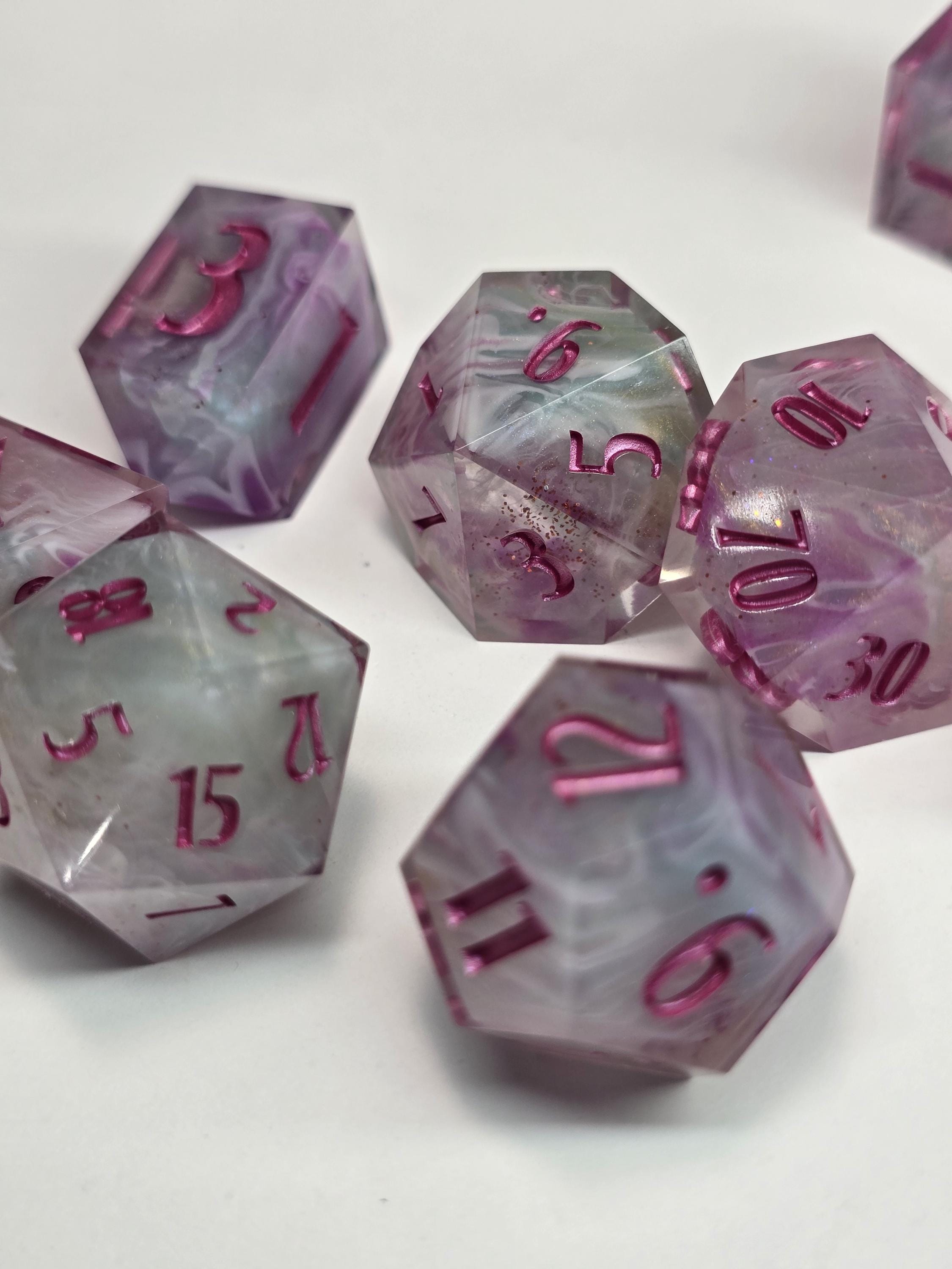 Cotton Candy Bliss – Handmade Polyhedral Dice Set (8 Dice, 2 D20s for Advantage Rolls)