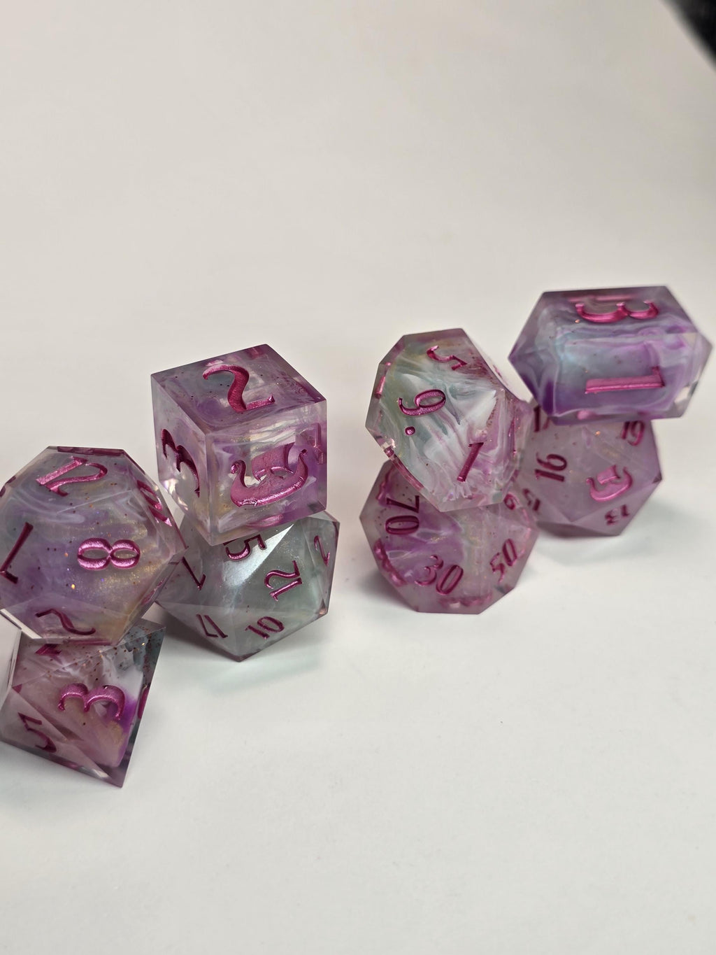 Cotton Candy Bliss – Handmade Polyhedral Dice Set (8 Dice, 2 D20s for Advantage Rolls)