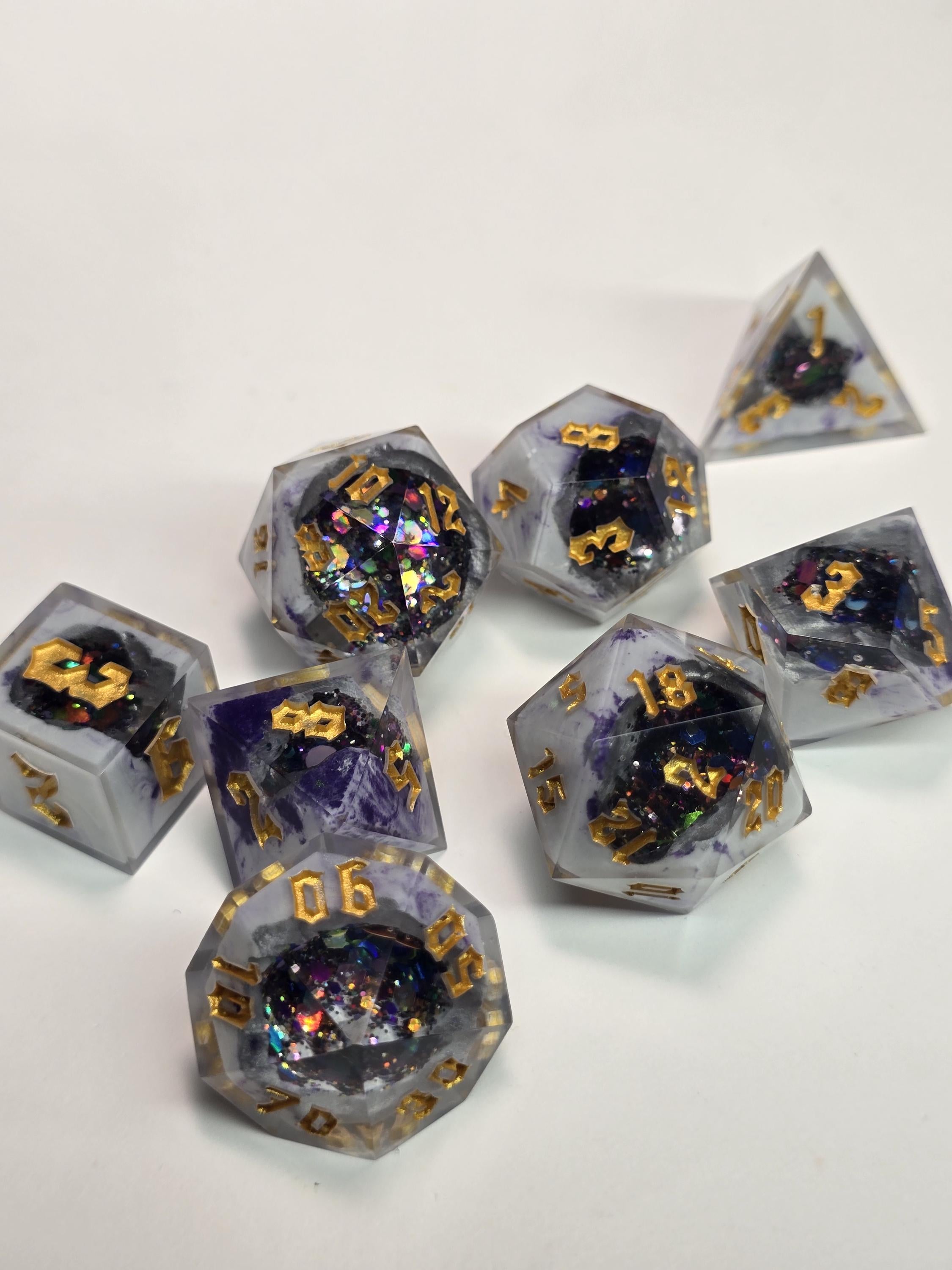 Handmade Witchlight Geode Polyhedral Dice Set – Swirling Violet, Starlight Core (8 Dice)