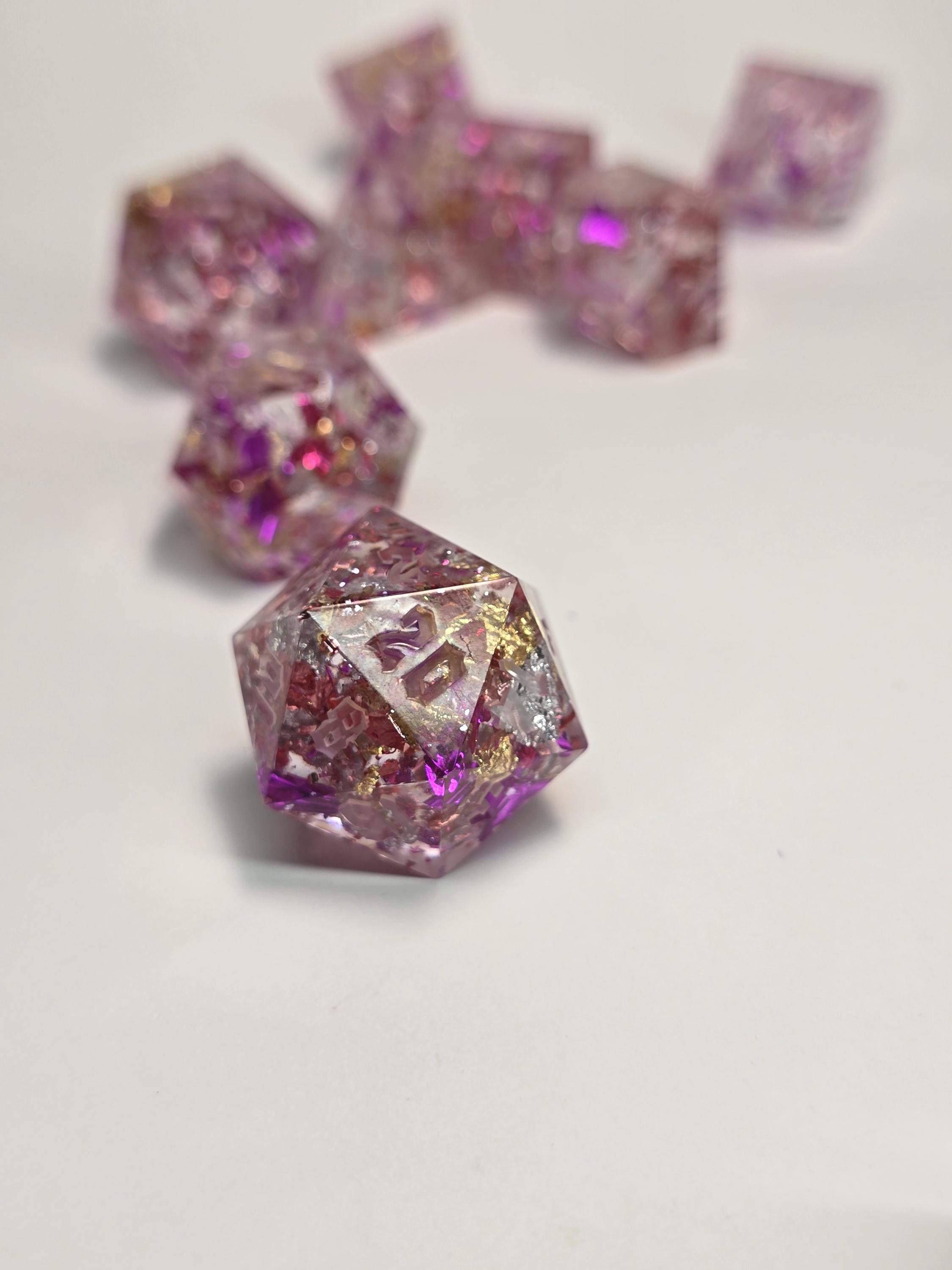 Handmade Polyhedral DnD, TTRPG, Dice Set with Advantage (8 Dice, 2 D20s) - Lady Glitter Sparkles