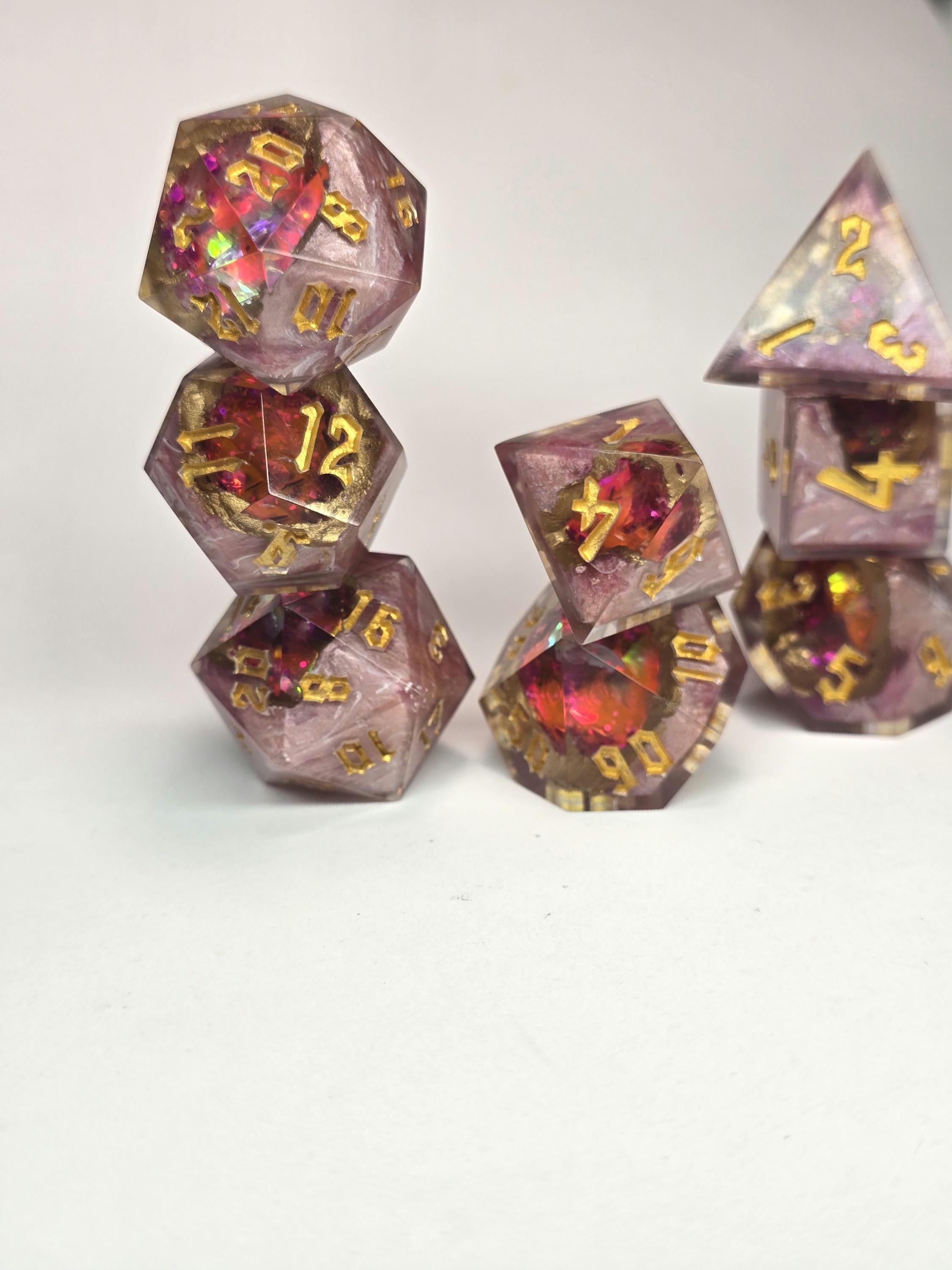 Rose Quartz Geode Dice Set – Handmade Polyhedral RPG Dice with Gold Inking