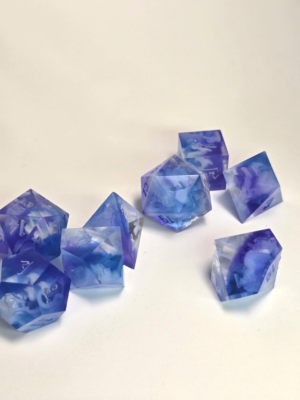 Handmade Polyhedral DnD, TTRPG, Dice Set with Advantage (8 Dice, 2 D20s)- Celestial Mist
