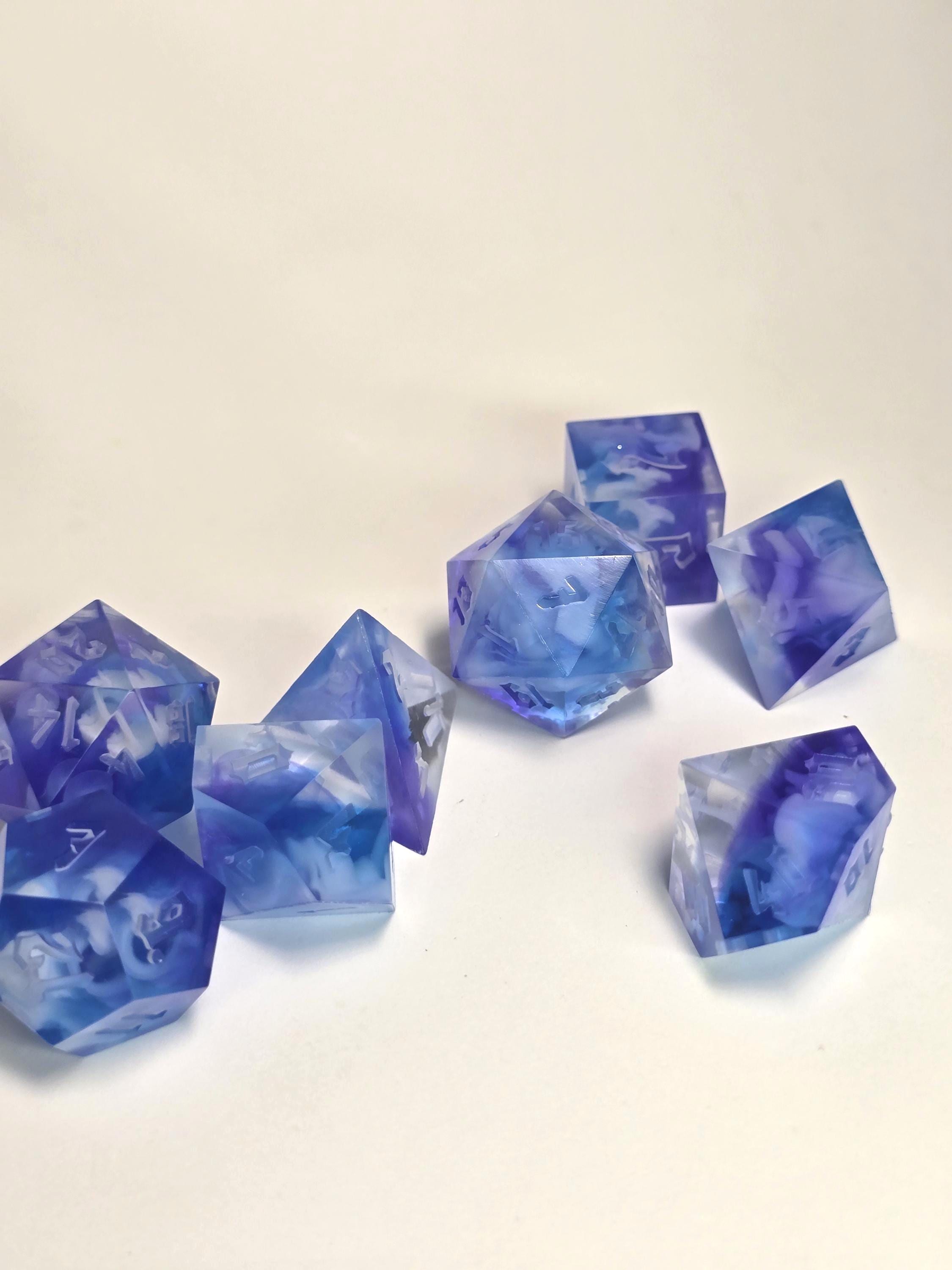 Handmade Polyhedral DnD, TTRPG, Dice Set with Advantage (8 Dice, 2 D20s)- Celestial Mist