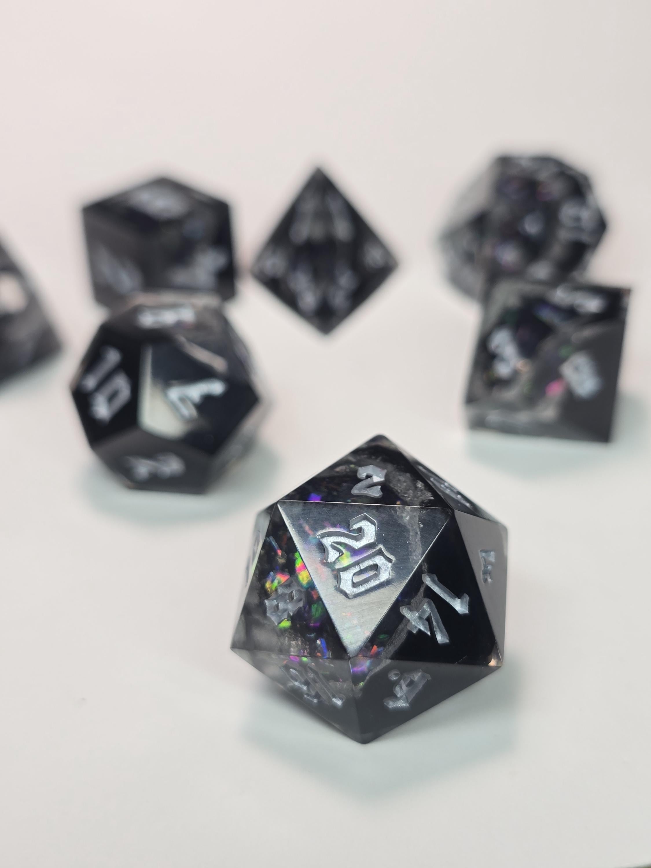 Handmade Ebonheart Geode Dice Set – Black Onyx Shimmering RPG Dice