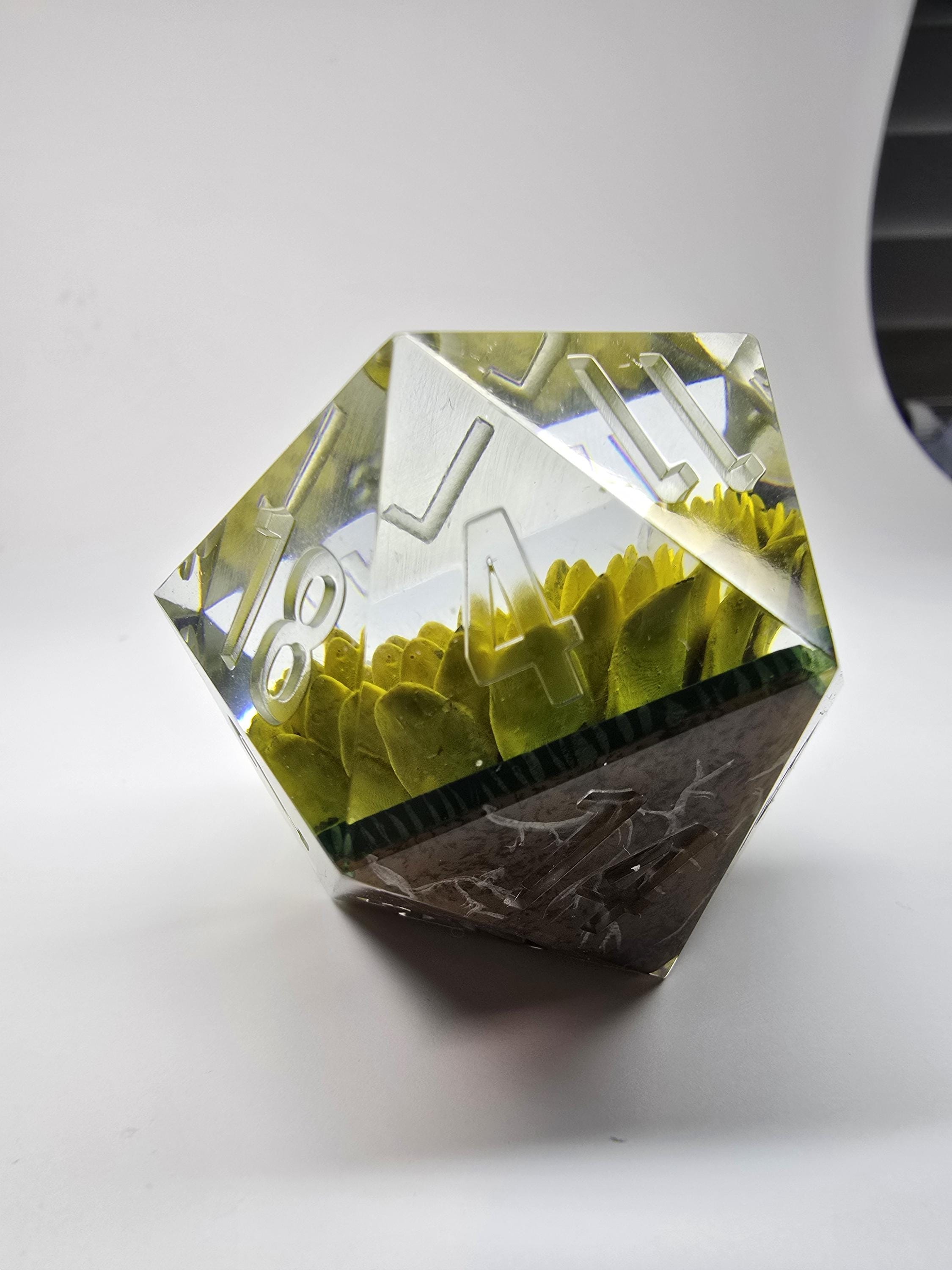 Sunflower Harvest. This is a Large 42mm hand painted inclusion Chonk D20.