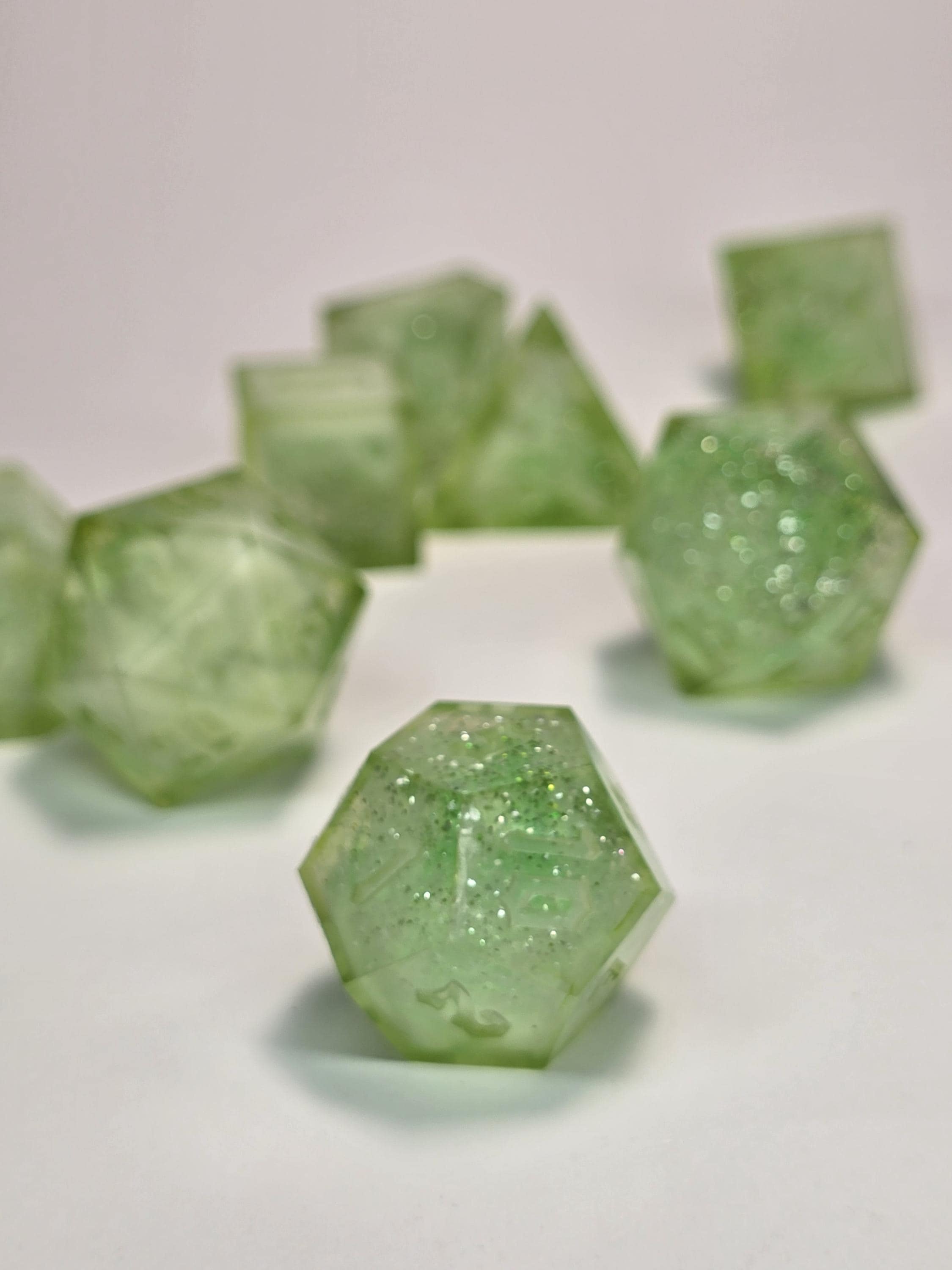 Verdant Dream – Handmade Polyhedral Dice Set (8 Dice, 2 D20s for Advantage Rolls)