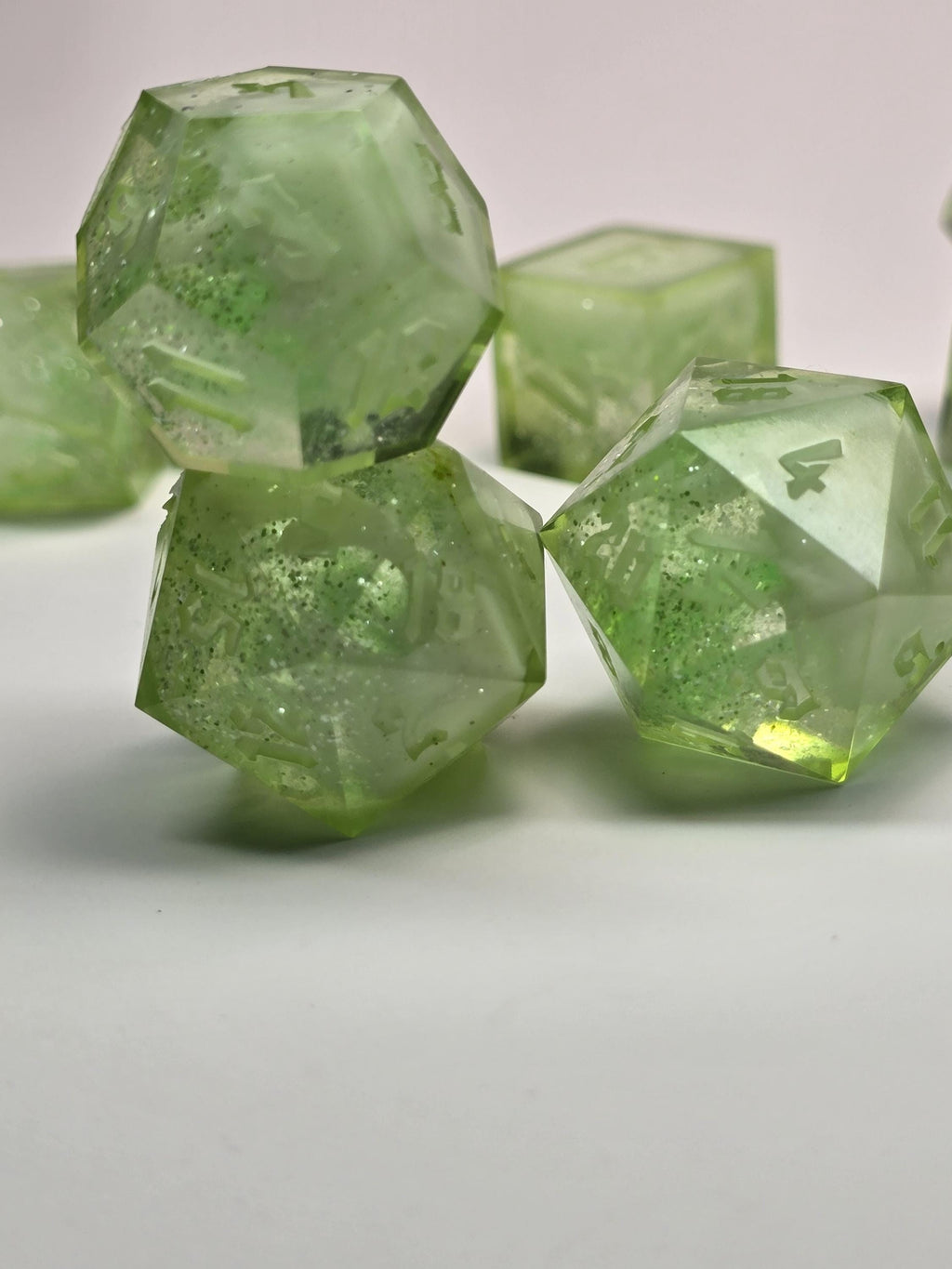 Verdant Dream – Handmade Polyhedral Dice Set (8 Dice, 2 D20s for Advantage Rolls)