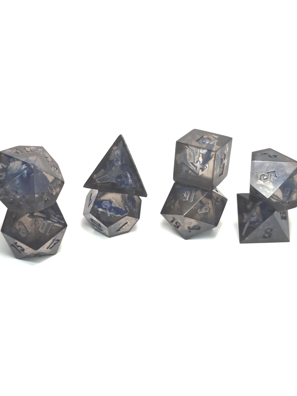 Handmade Polyhedral DnD, TTRPG, Dice Set with Advantage (8 Dice, 2 D20s) - Obsidian Encased