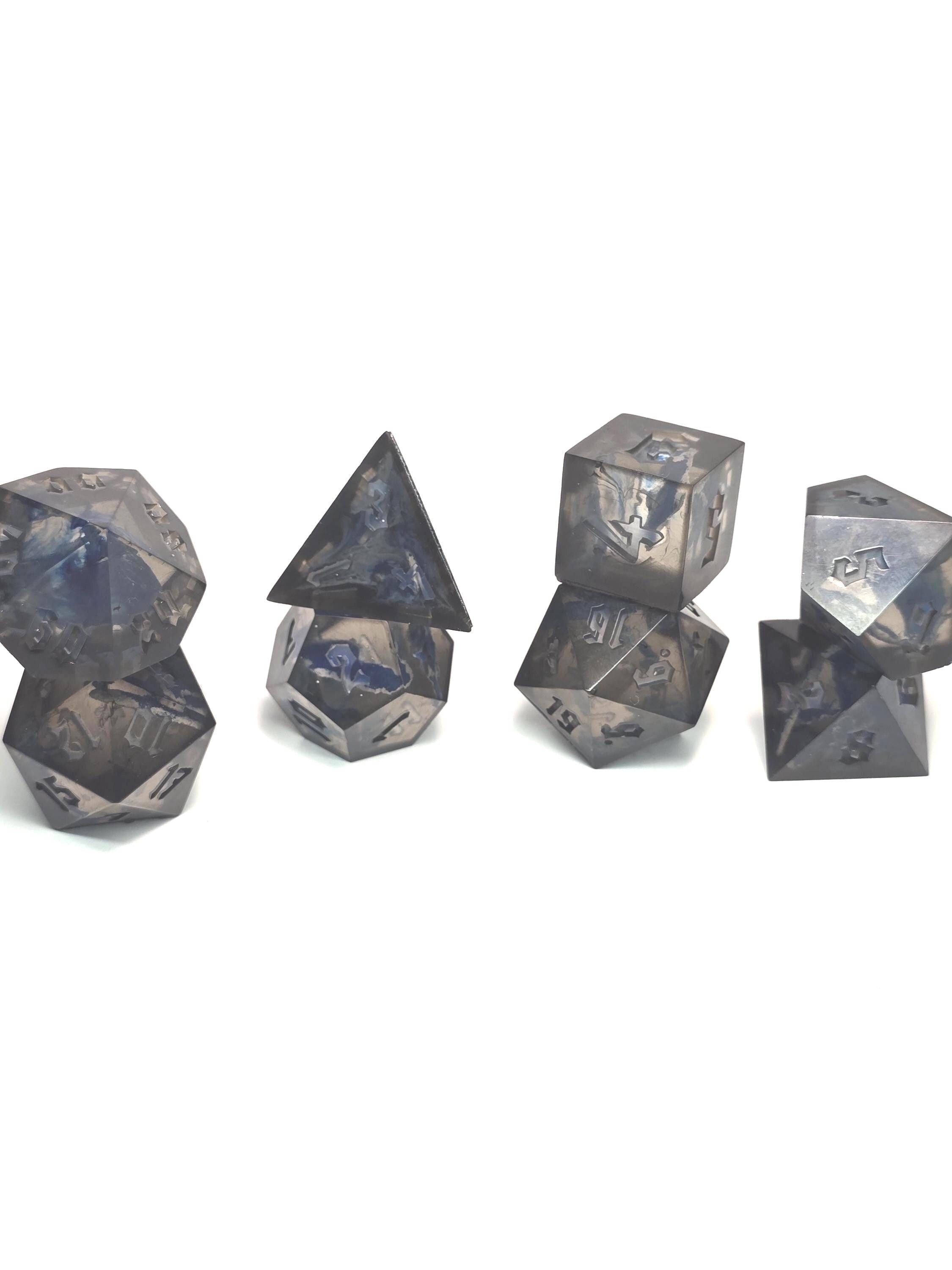 Handmade Polyhedral DnD, TTRPG, Dice Set with Advantage (8 Dice, 2 D20s) - Obsidian Encased