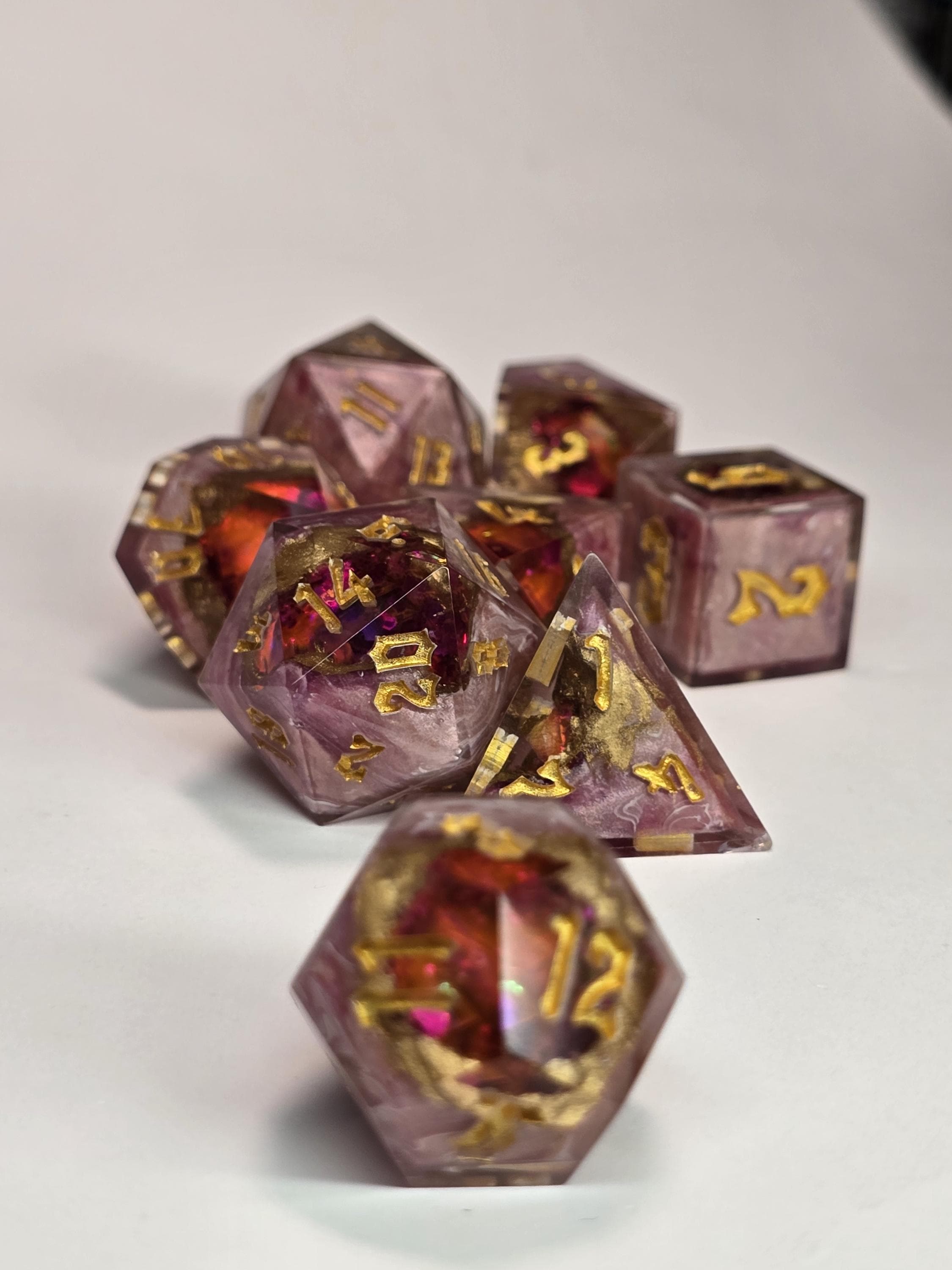 Rose Quartz Geode Dice Set – Handmade Polyhedral RPG Dice with Gold Inking