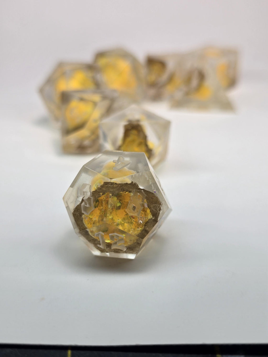 Handmade Polyhedral DnD, TTRPG, Geode Dice Set with Advantage (8 Dice, 2 D20s) - Auric Topaz