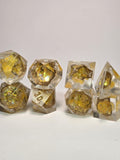 Handmade Polyhedral DnD, TTRPG, Geode Dice Set with Advantage (8 Dice, 2 D20s) - Auric Topaz