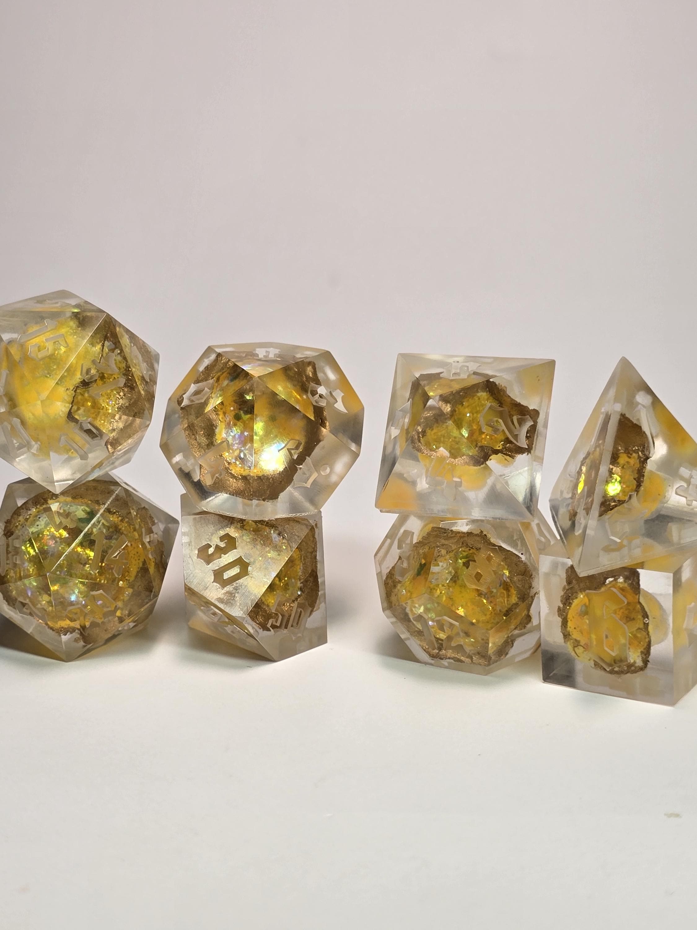 Handmade Polyhedral DnD, TTRPG, Geode Dice Set with Advantage (8 Dice, 2 D20s) - Auric Topaz