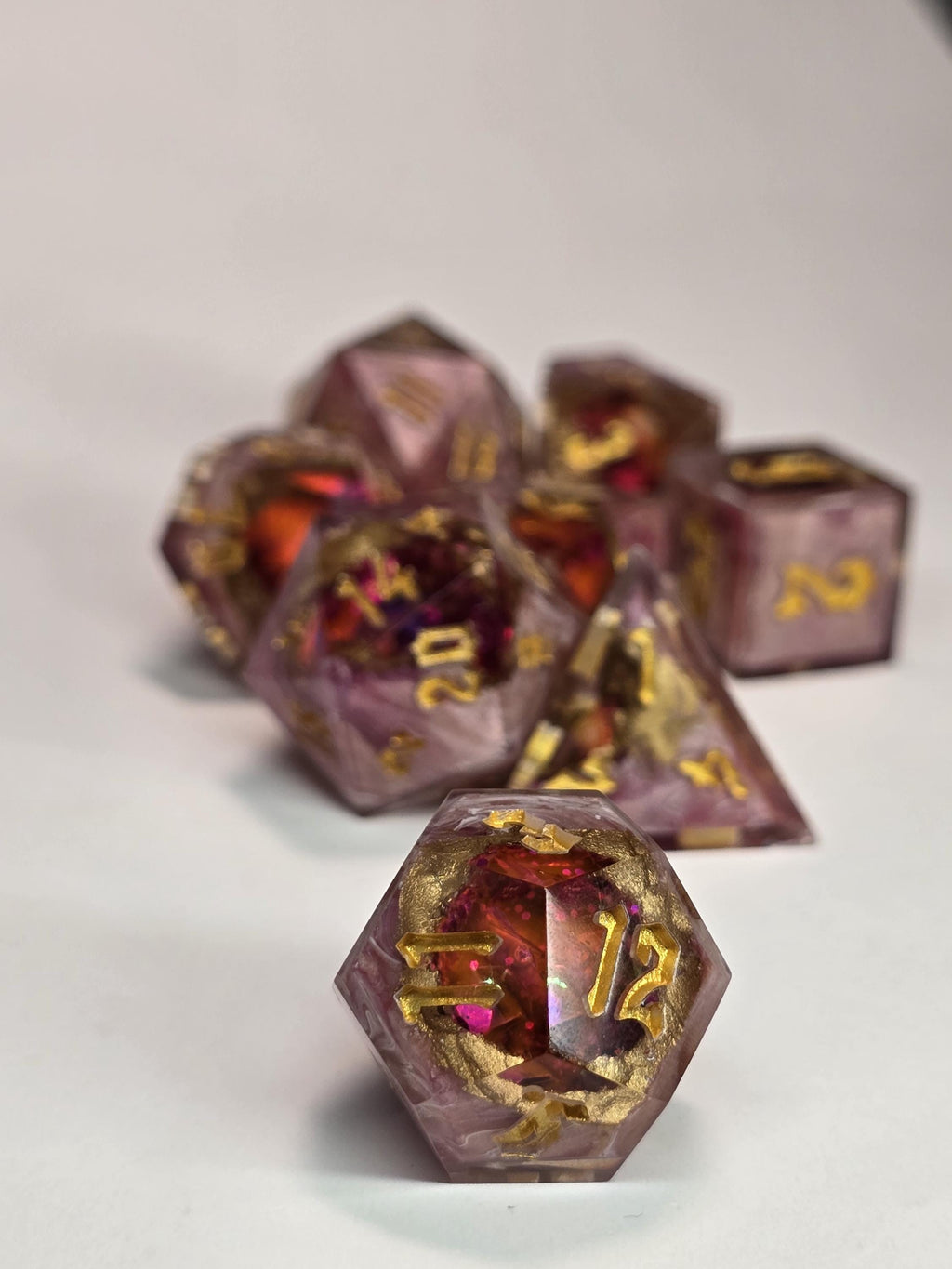 Rose Quartz Geode Dice Set – Handmade Polyhedral RPG Dice with Gold Inking