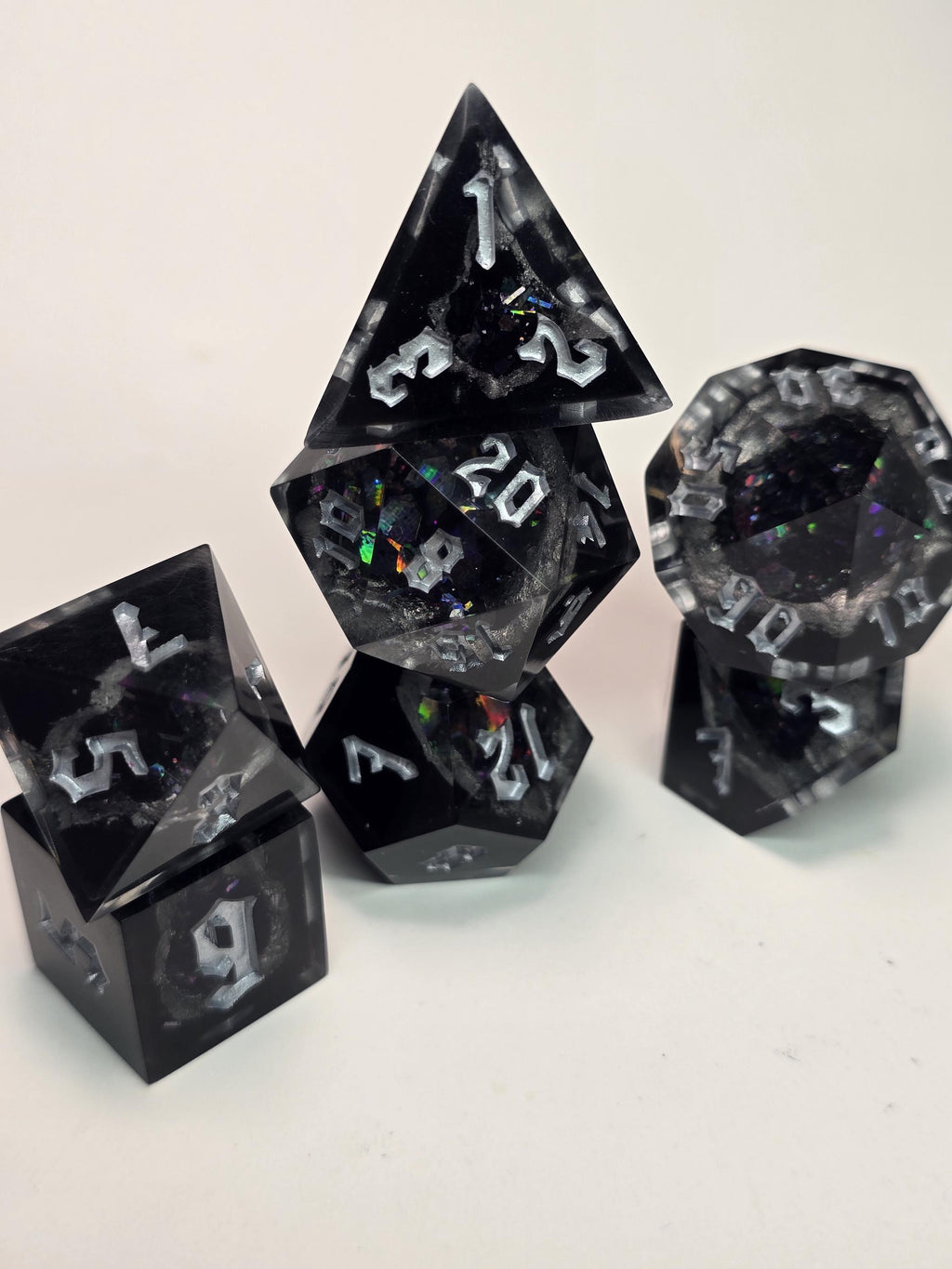 Handmade Ebonheart Geode Dice Set – Black Onyx Shimmering RPG Dice