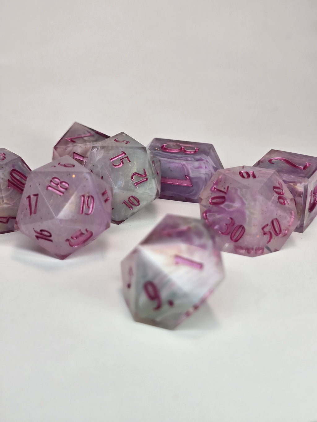 Cotton Candy Bliss – Handmade Polyhedral Dice Set (8 Dice, 2 D20s for Advantage Rolls)