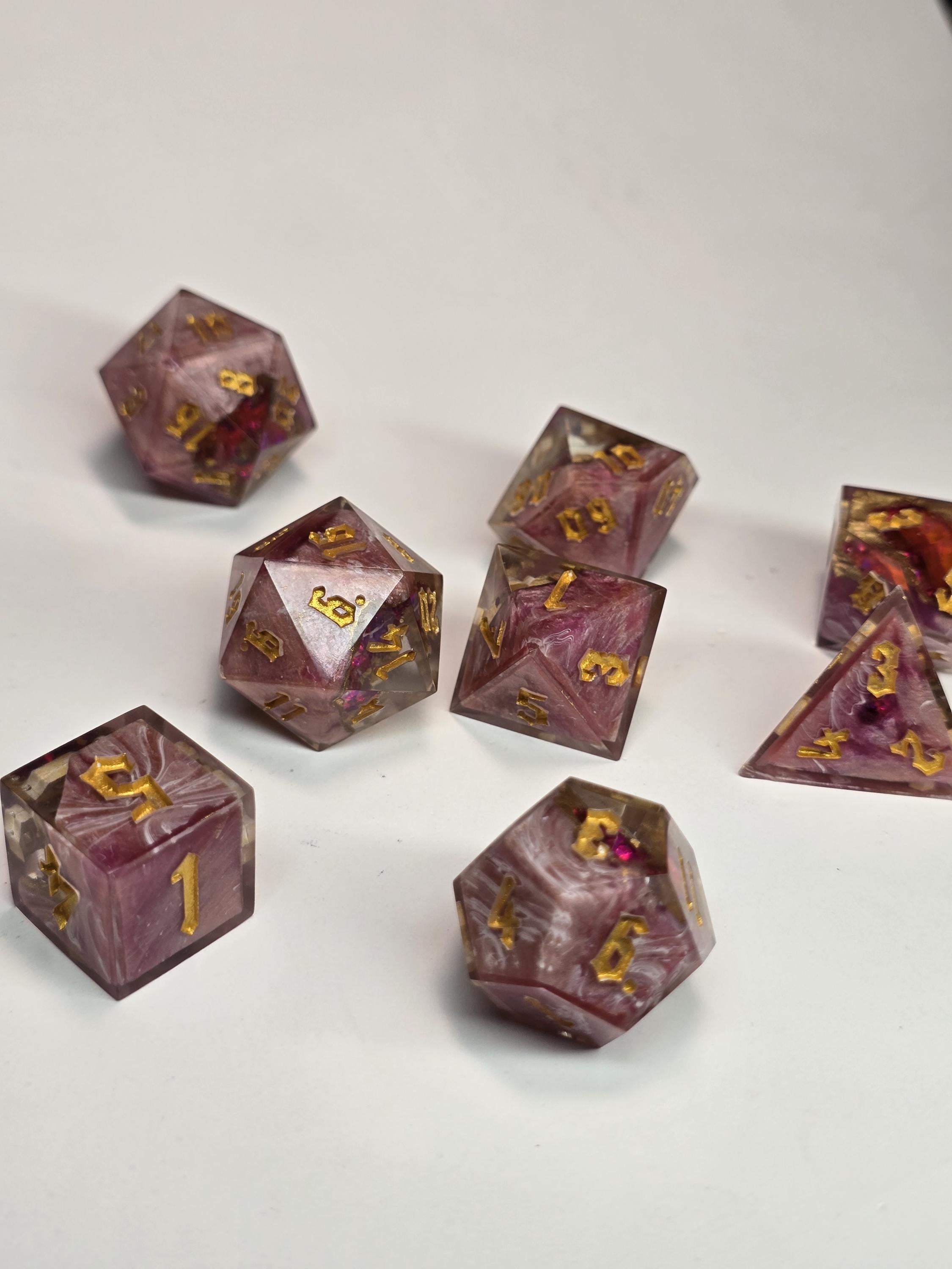 Rose Quartz Geode Dice Set – Handmade Polyhedral RPG Dice with Gold Inking