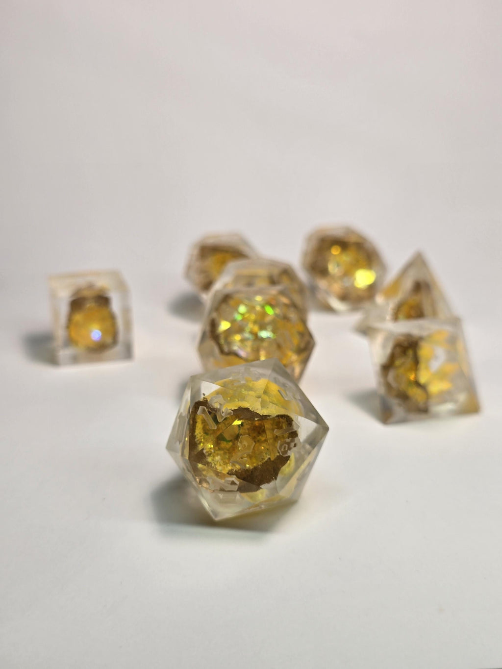 Handmade Polyhedral DnD, TTRPG, Geode Dice Set with Advantage (8 Dice, 2 D20s) - Auric Topaz