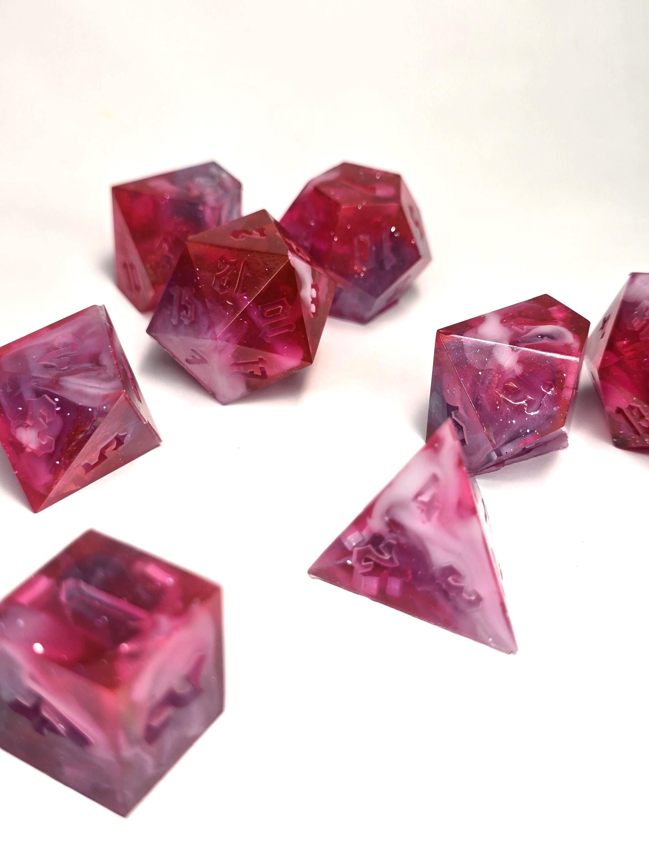 Handmade Polyhedral DnD, TTRPG, Dice Set with Advantage (8 Dice, 2 D20s) -Fruit Punch Nebula