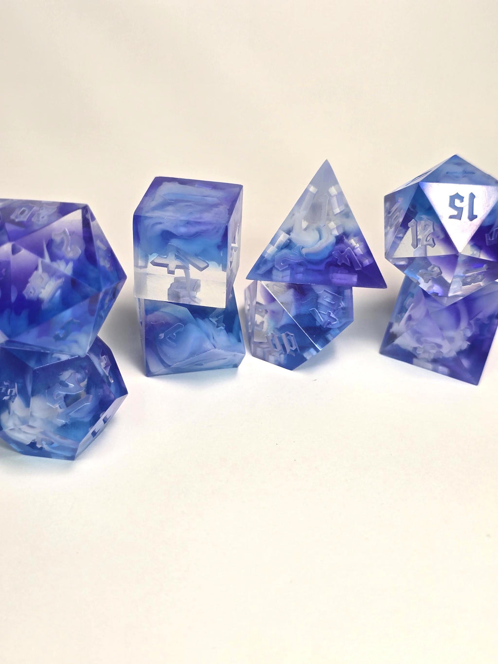 Handmade Polyhedral DnD, TTRPG, Dice Set with Advantage (8 Dice, 2 D20s)- Celestial Mist