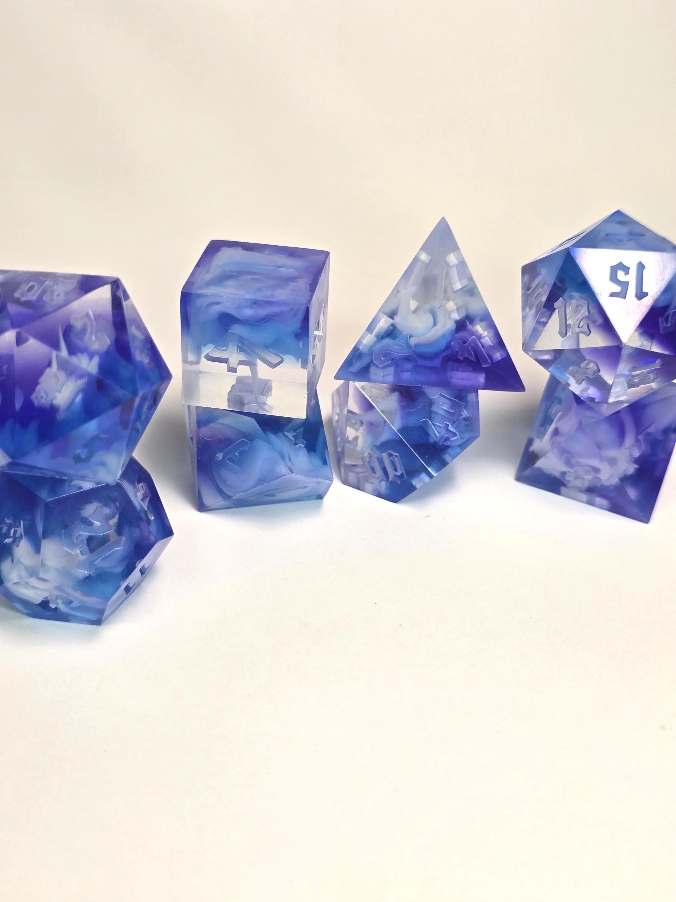 Handmade Polyhedral DnD, TTRPG, Dice Set with Advantage (8 Dice, 2 D20s)- Celestial Mist
