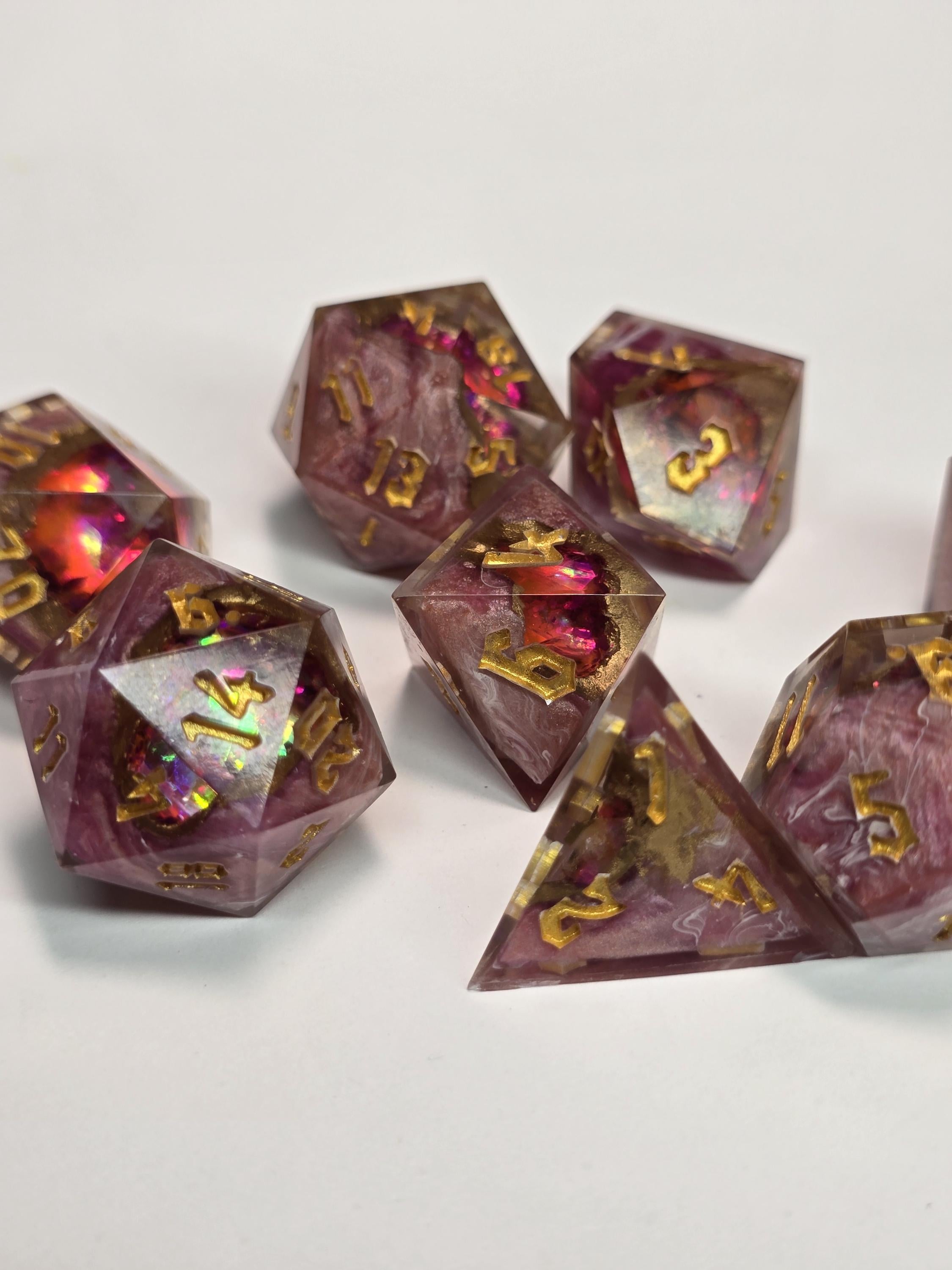 Rose Quartz Geode Dice Set – Handmade Polyhedral RPG Dice with Gold Inking