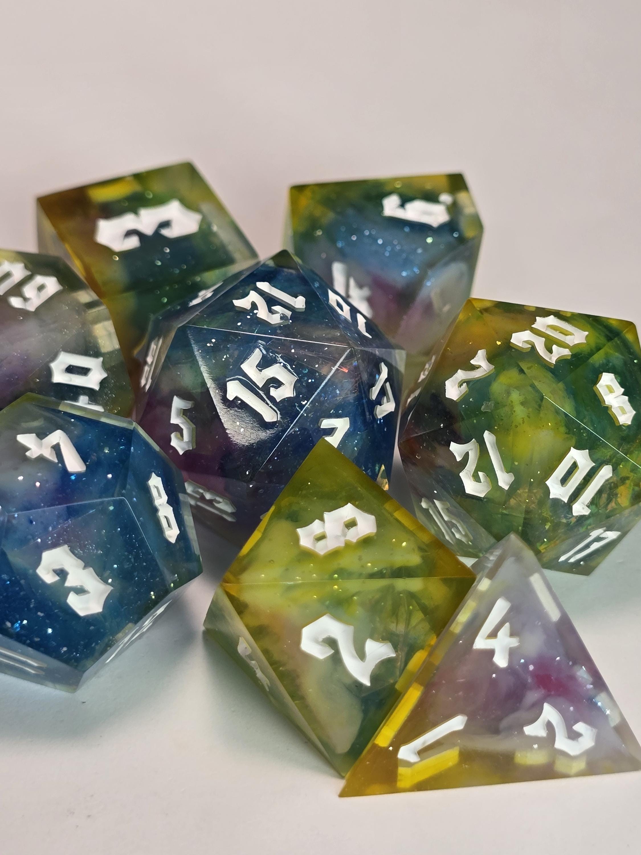 Handmade Polyhedral DnD, TTRPG, Dice Set with Advantage (8 Dice, 2 D20s) - Dreamweaver