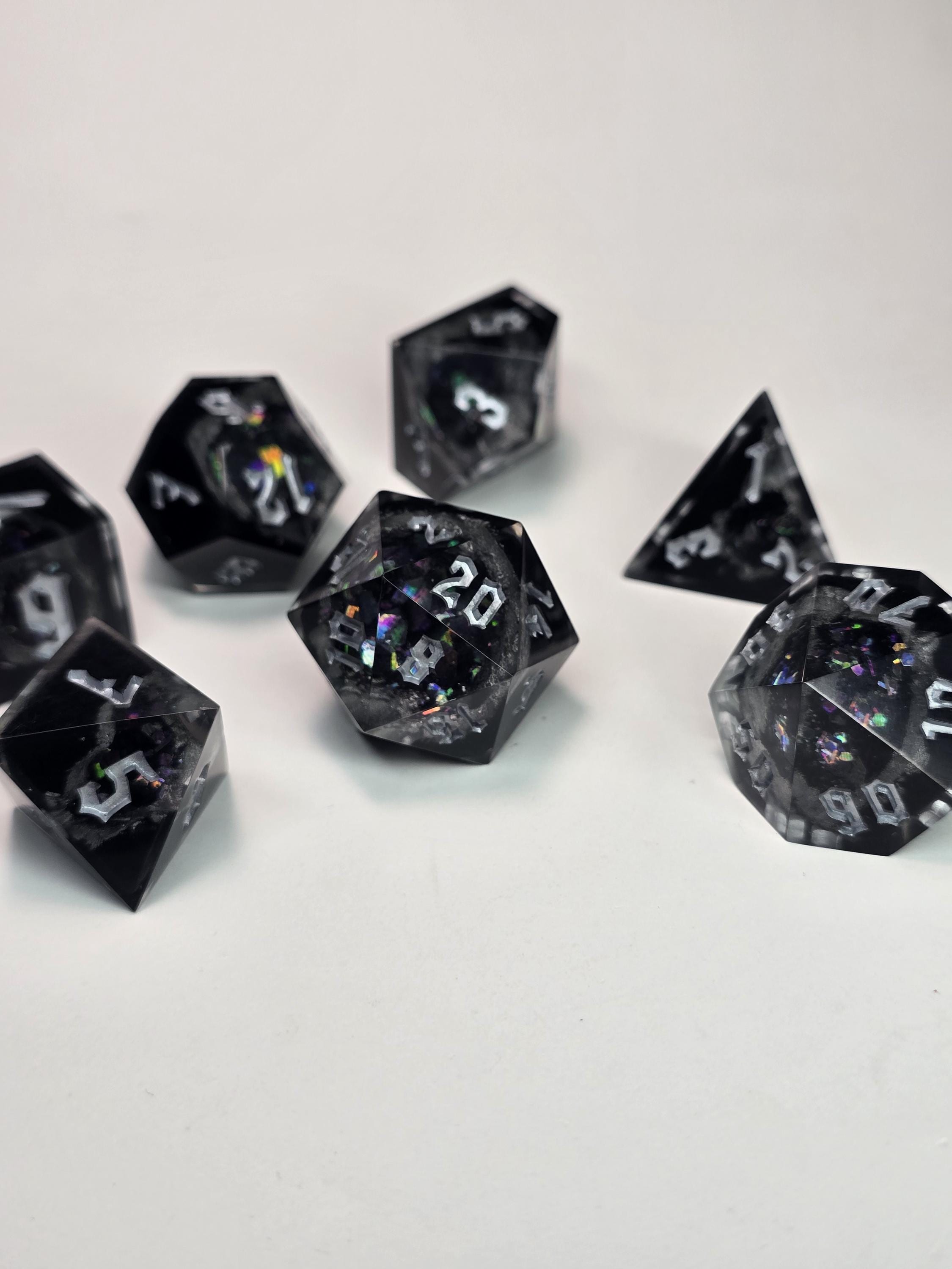 Handmade Ebonheart Geode Dice Set – Black Onyx Shimmering RPG Dice