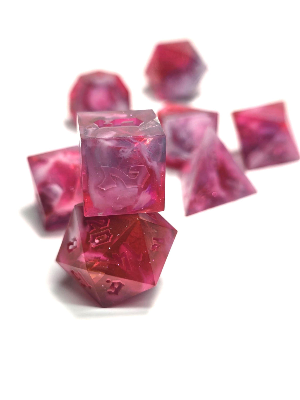 Handmade Polyhedral DnD, TTRPG, Dice Set with Advantage (8 Dice, 2 D20s) -Fruit Punch Nebula