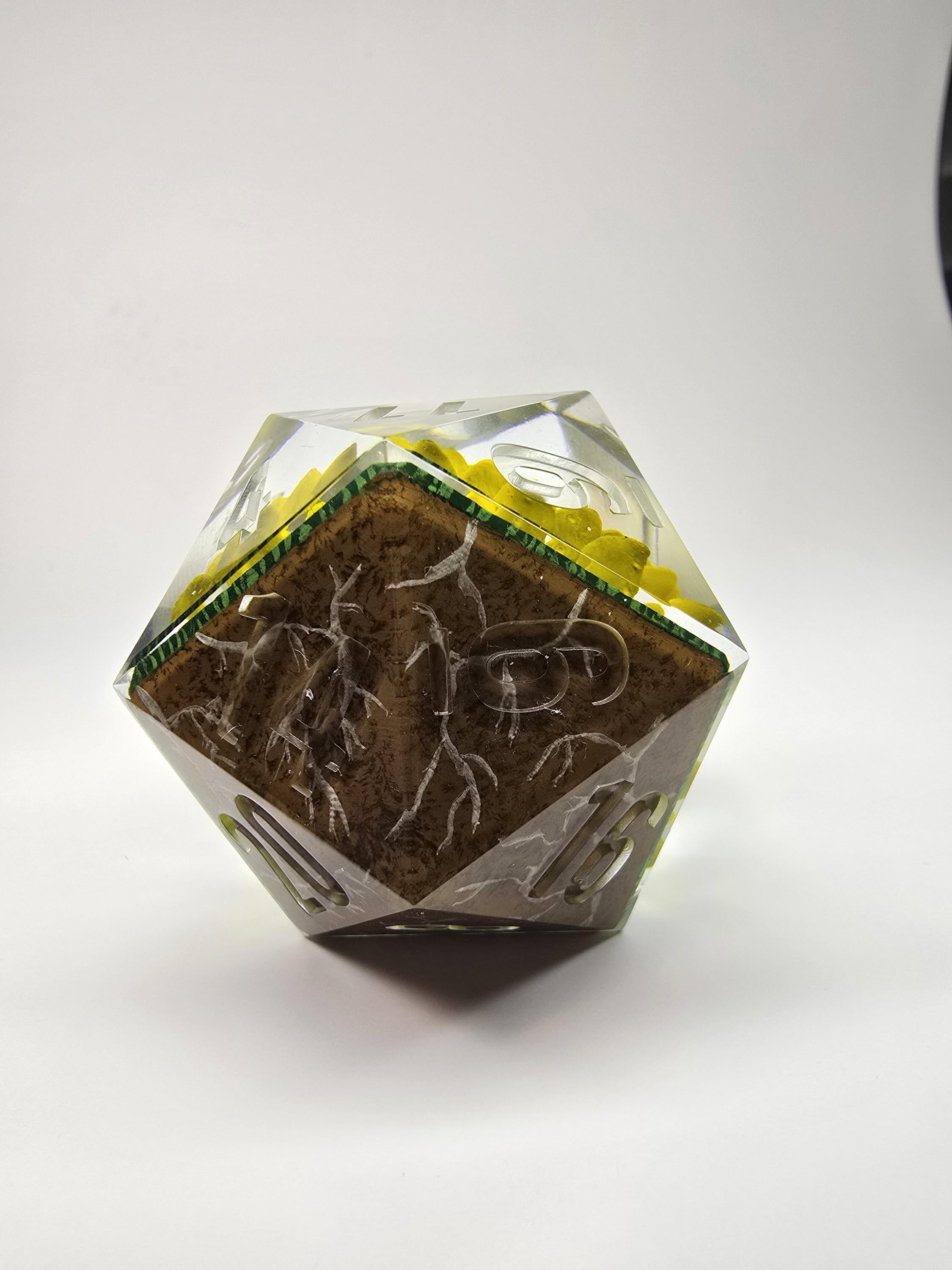 Sunflower Harvest. This is a Large 42mm hand painted inclusion Chonk D20.