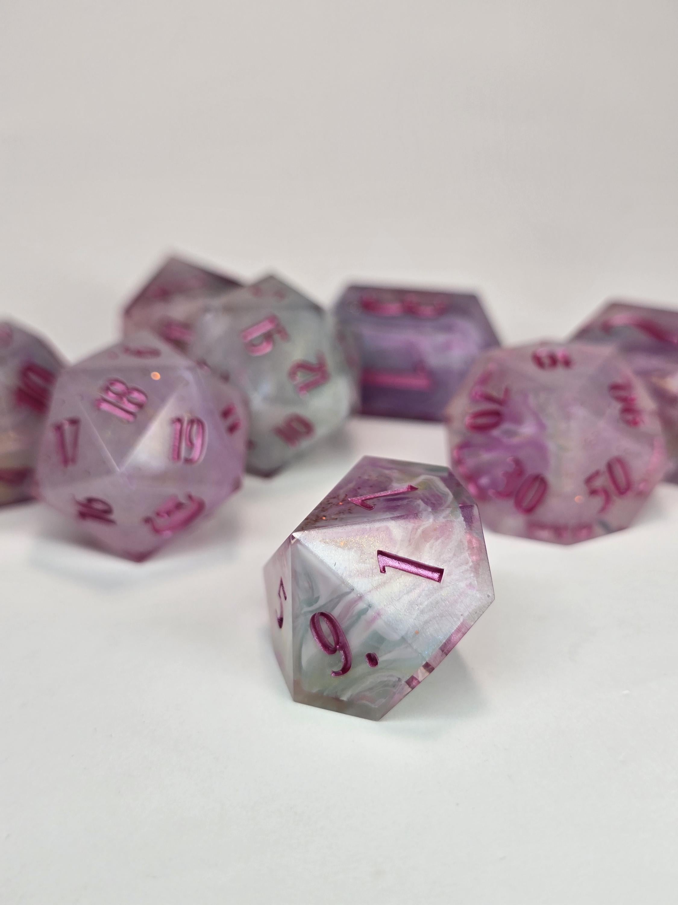 Cotton Candy Bliss – Handmade Polyhedral Dice Set (8 Dice, 2 D20s for Advantage Rolls)