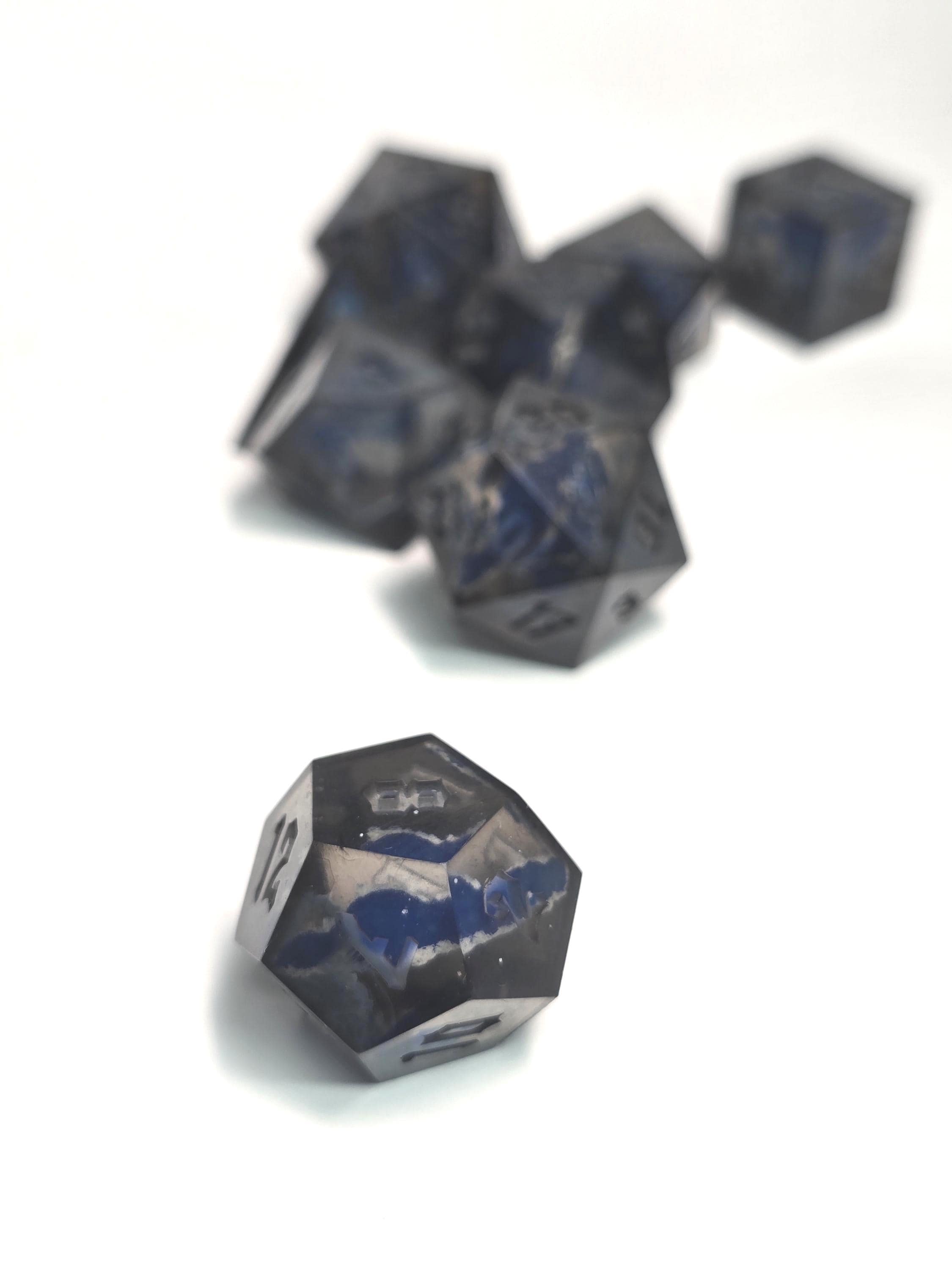 Handmade Polyhedral DnD, TTRPG, Dice Set with Advantage (8 Dice, 2 D20s) - Obsidian Encased