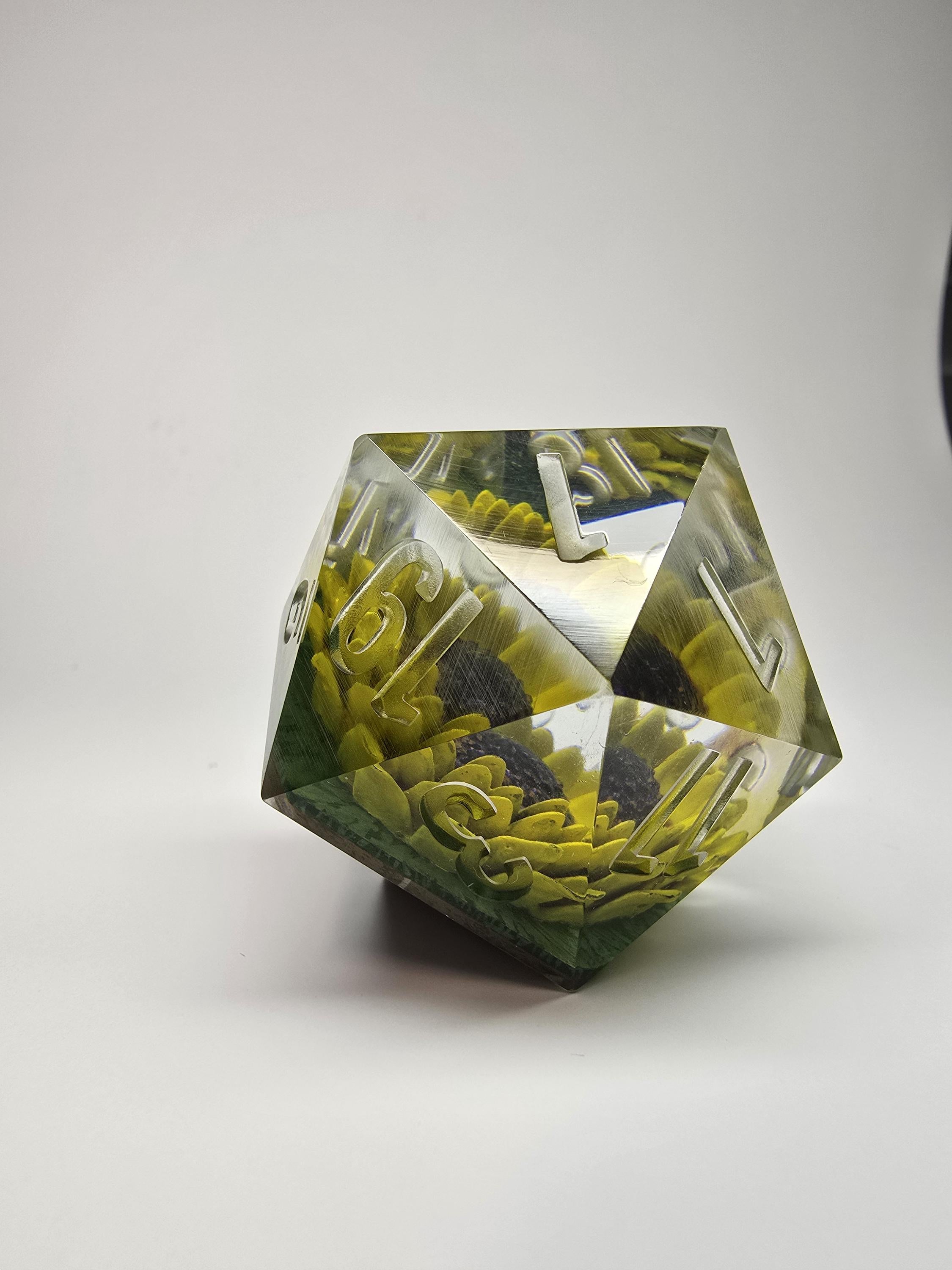 Sunflower Harvest. This is a Large 42mm hand painted inclusion Chonk D20.