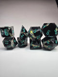 Handmade Black Resin Dice Set – Opal Glitter, Blue Glow Effect (8pc)