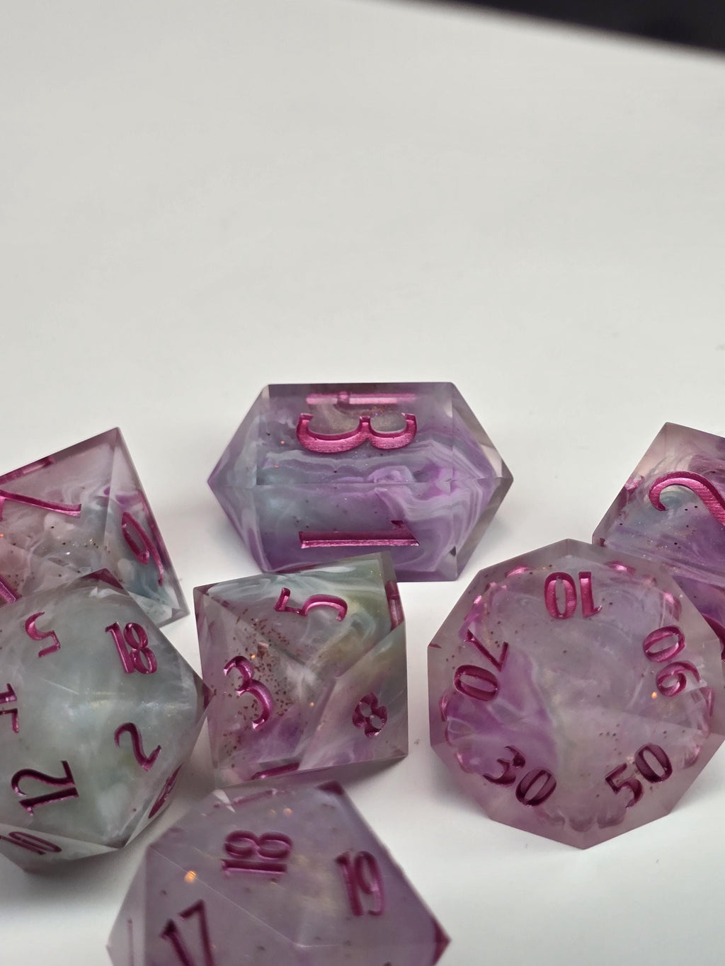 Cotton Candy Bliss – Handmade Polyhedral Dice Set (8 Dice, 2 D20s for Advantage Rolls)