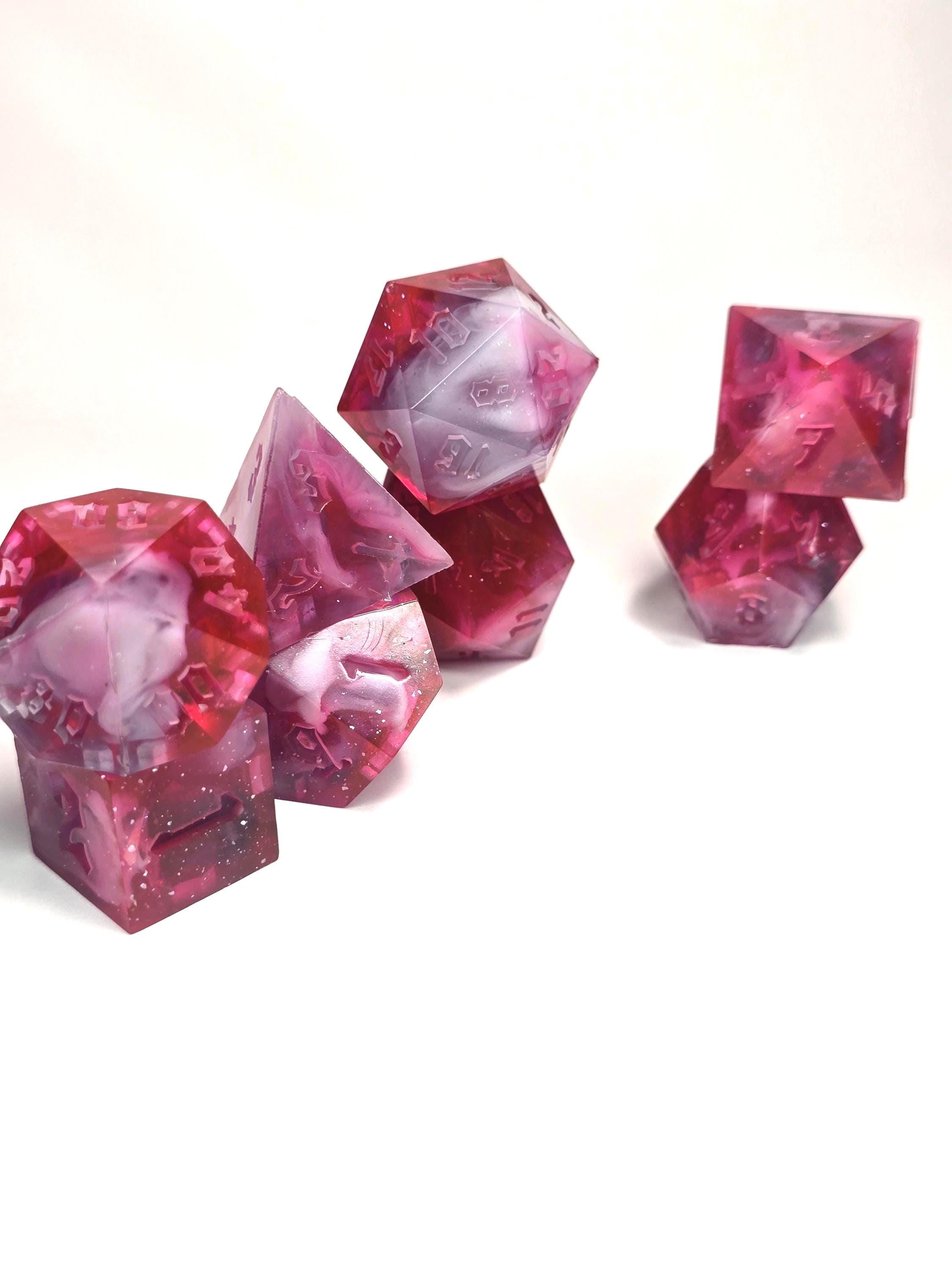 Handmade Polyhedral DnD, TTRPG, Dice Set with Advantage (8 Dice, 2 D20s) -Fruit Punch Nebula