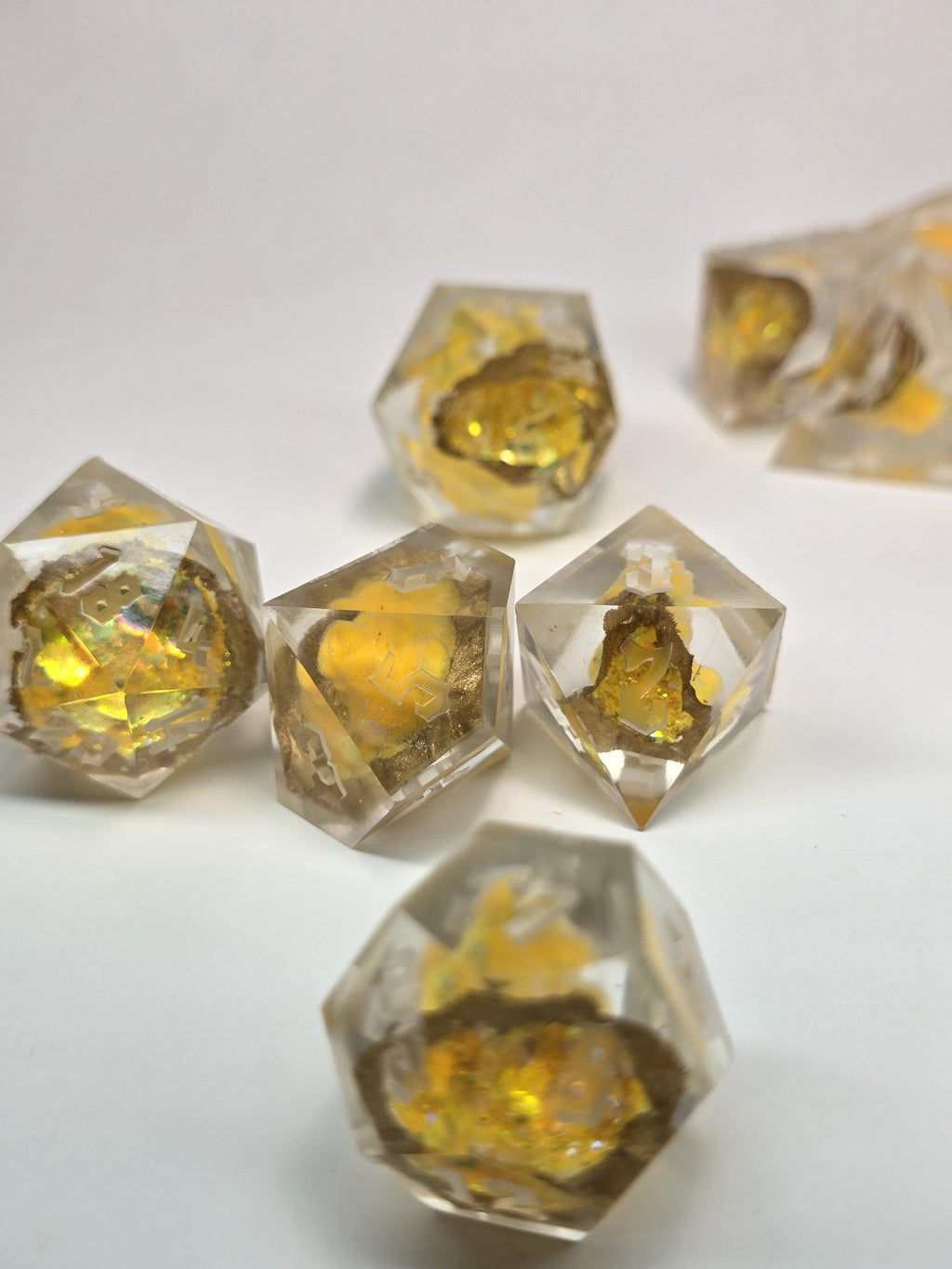 Handmade Polyhedral DnD, TTRPG, Geode Dice Set with Advantage (8 Dice, 2 D20s) - Auric Topaz