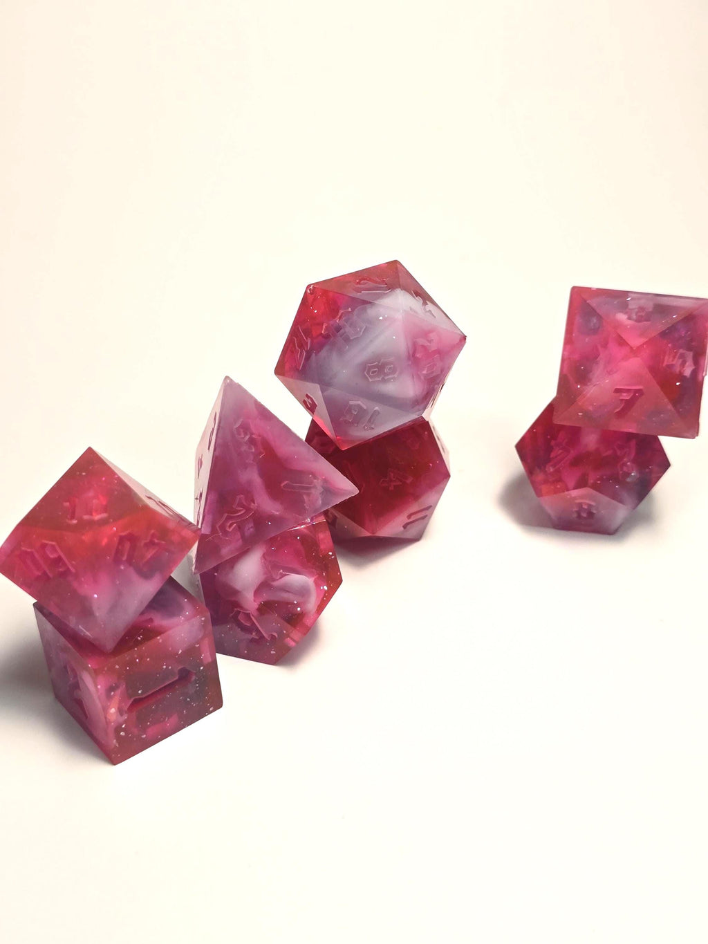 Handmade Polyhedral DnD, TTRPG, Dice Set with Advantage (8 Dice, 2 D20s) -Fruit Punch Nebula