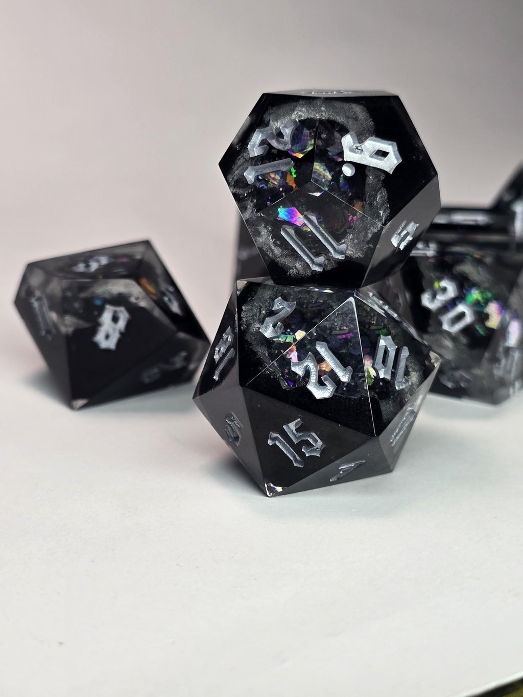 Handmade Ebonheart Geode Dice Set – Black Onyx Shimmering RPG Dice