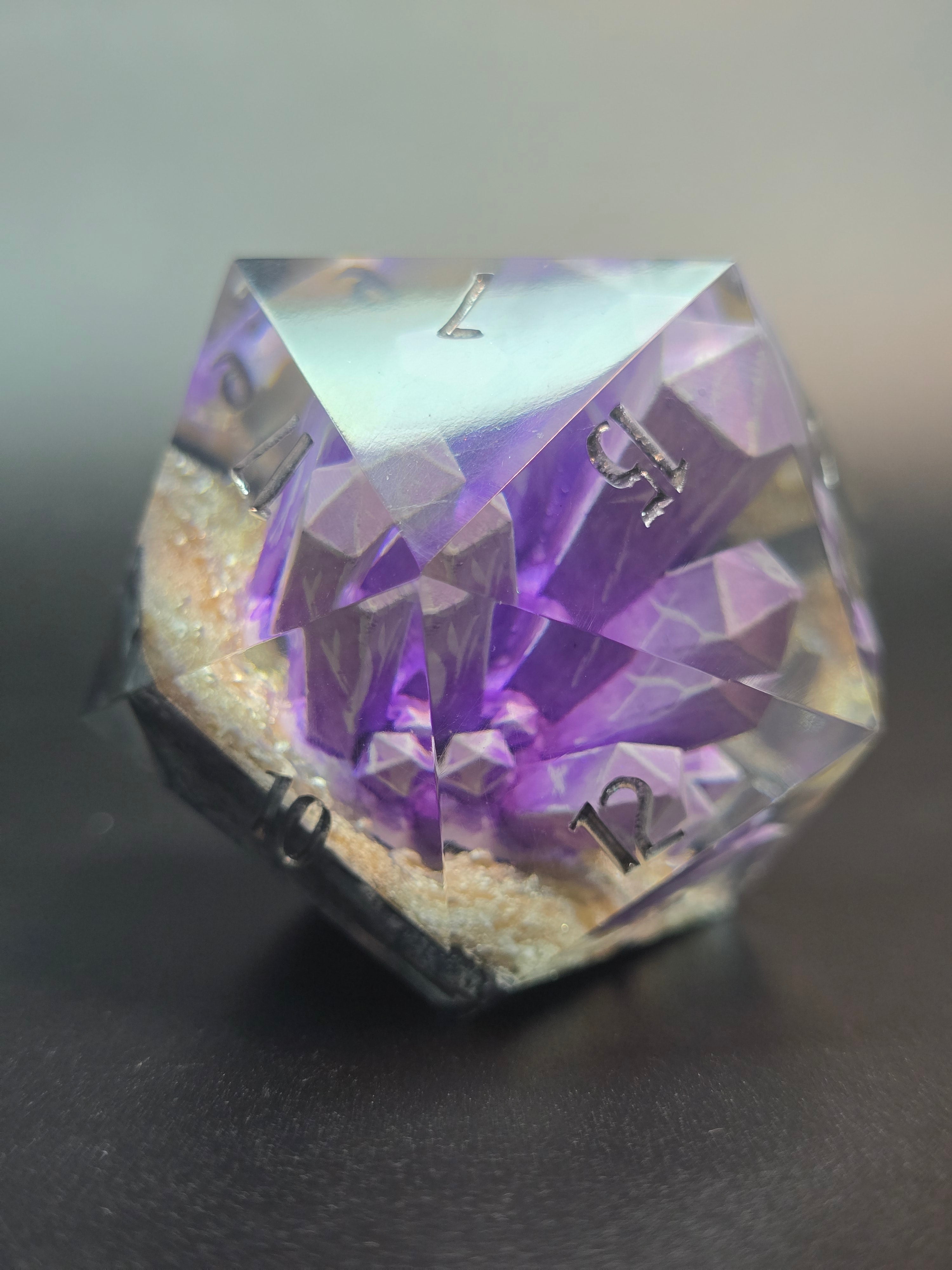Amethyst Excellence. This is a Large 42mm hand painted inclusion Chonk D20.