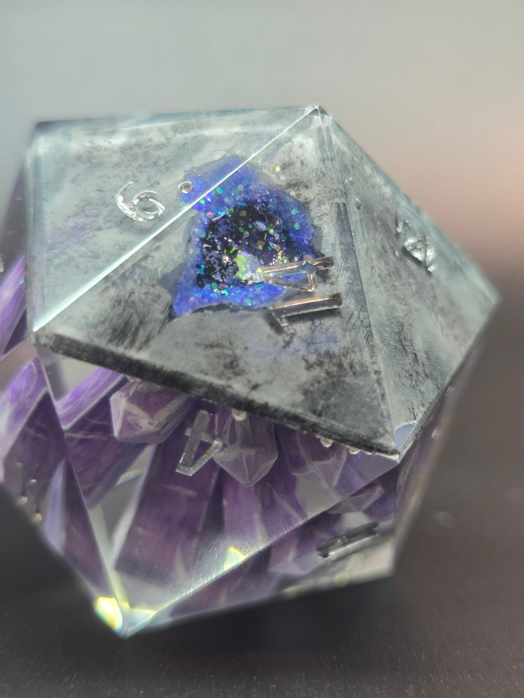 Amethyst Excellence. This is a Large 42mm hand painted inclusion Chonk D20.
